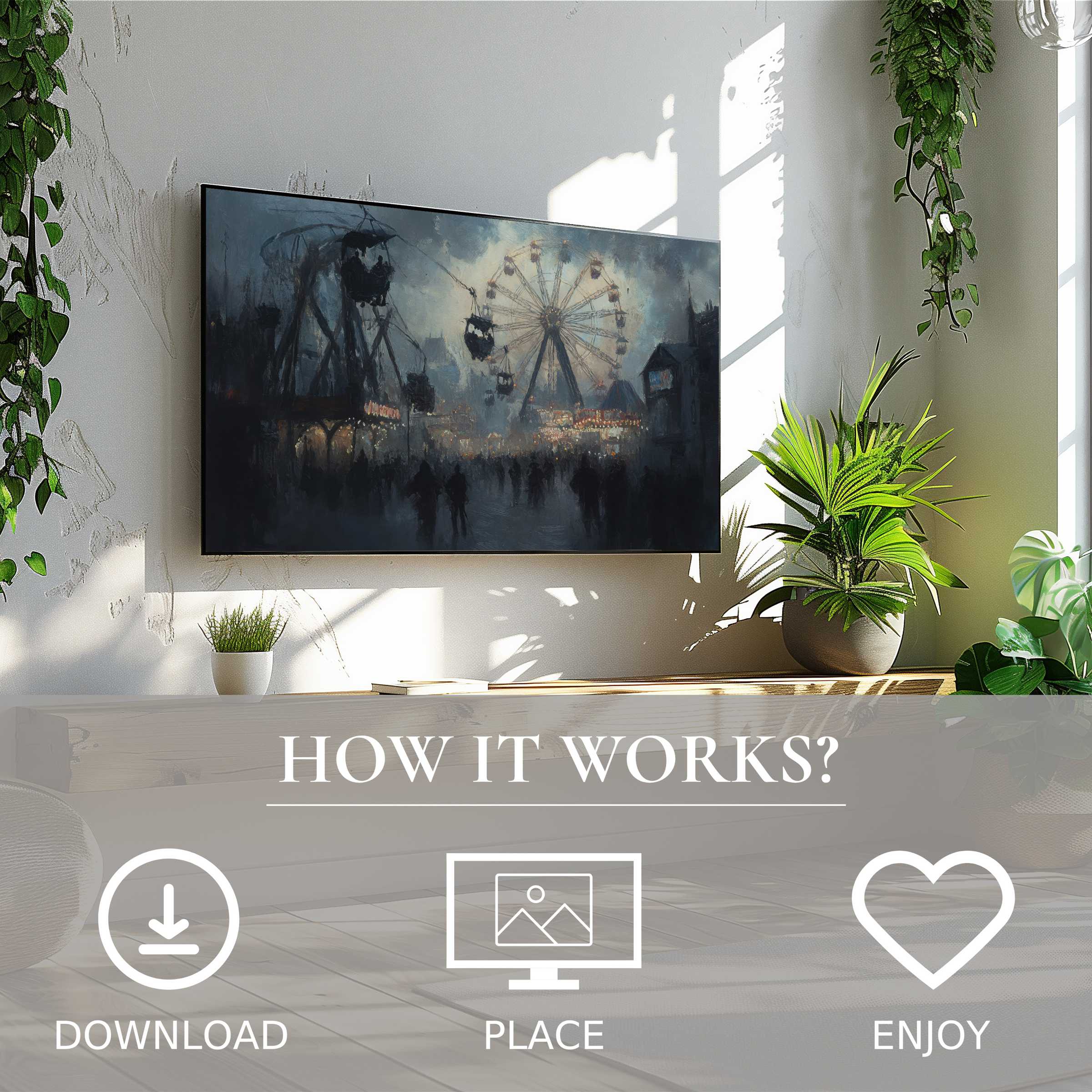 Modern living with easy digital download: Halloween art for Samsung TV shows a moody carnival at dusk