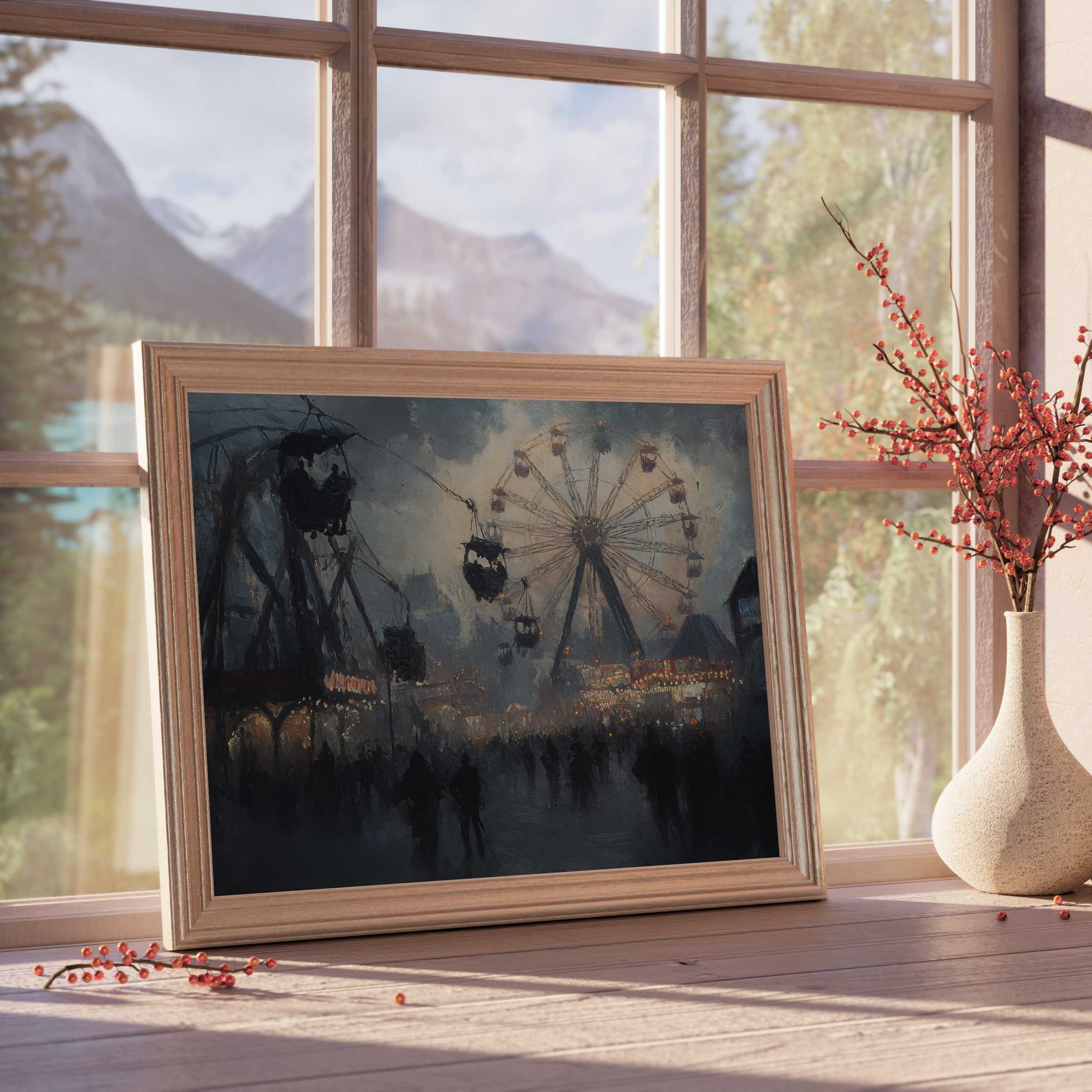 Evoke moody allure with this Halloween downloadable art, where vintage fairgrounds meet twilight shadows-perfect for curated, elegant interiors