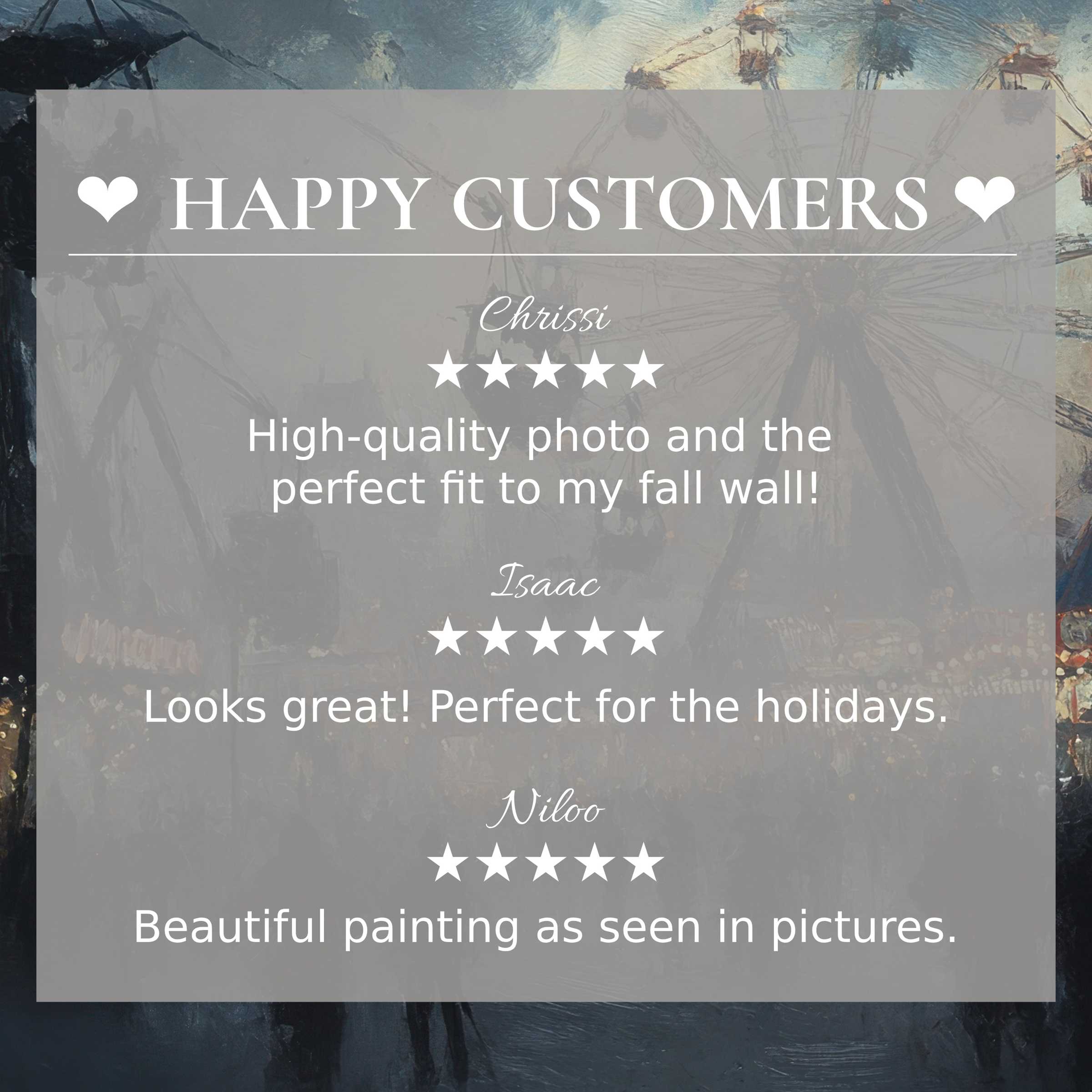 Elegant halloween art for Frame TV with muted ferris wheel backdrop, showcasing happy customer reviews for refined trust