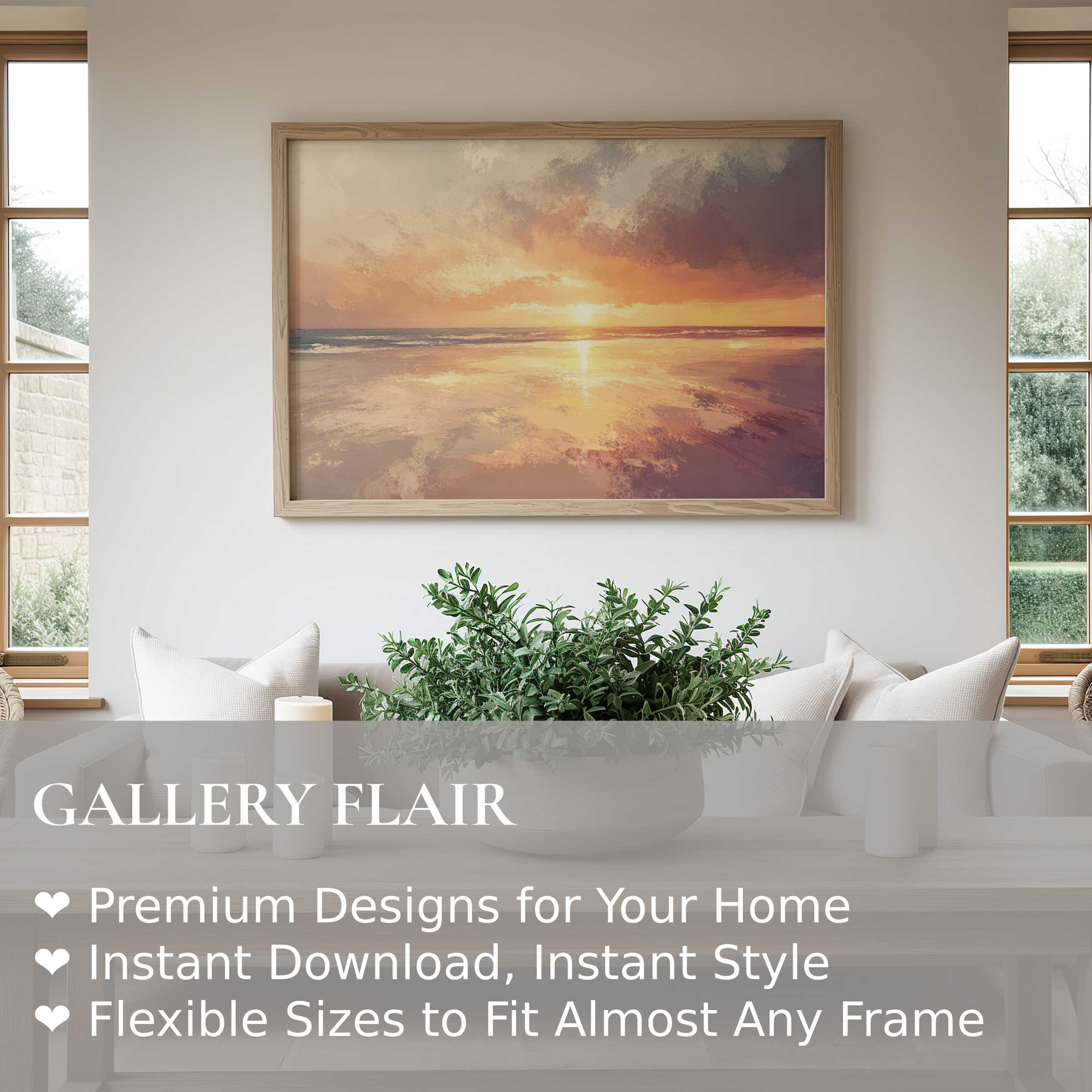 Radiant beach wall art print capturing a serene sunset over tranquil waves, enriching modern coastal interiors with calming warmth