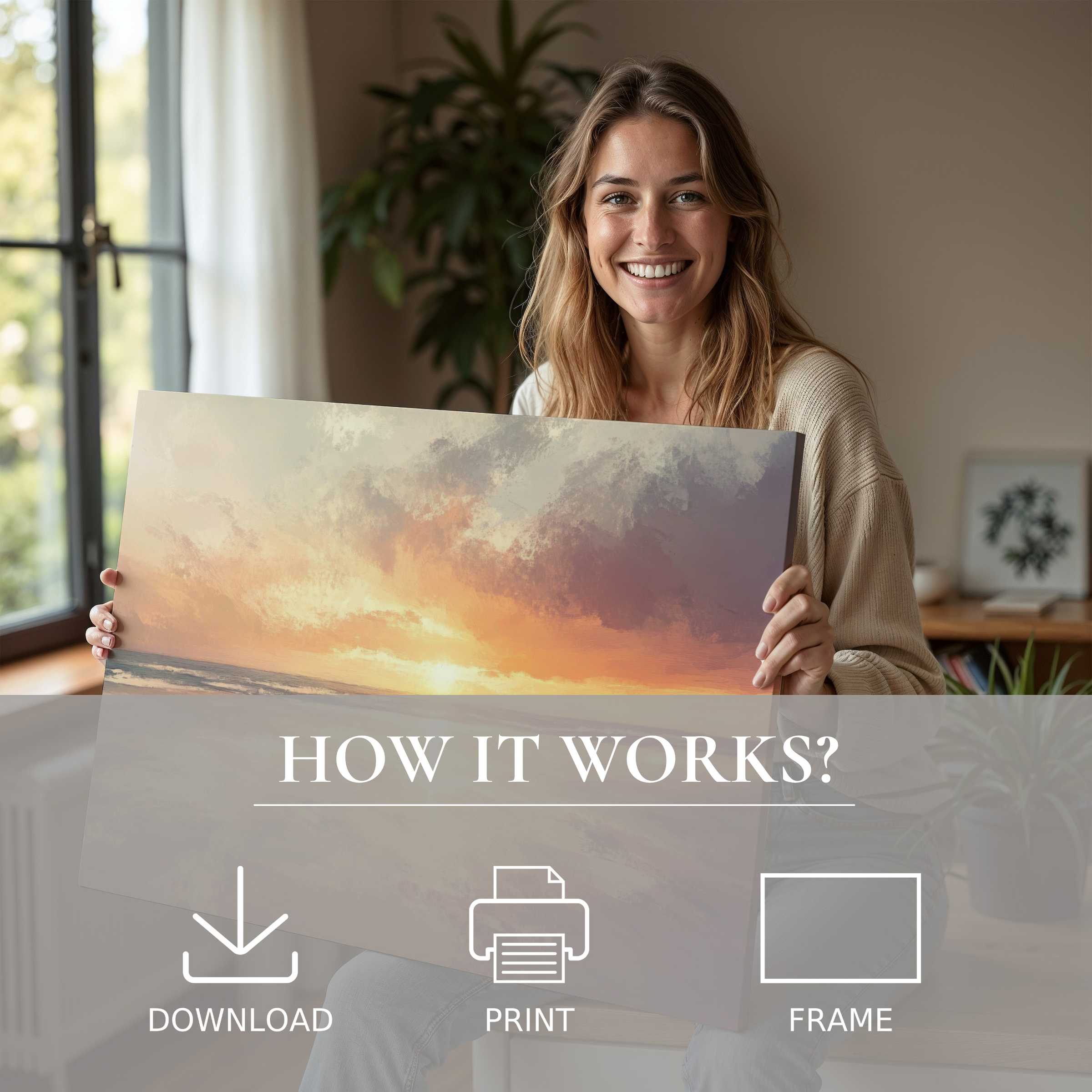 Joyful woman embraces a beach digital art print bathed in warm sunset hues, transforming her modern home with serene elegance
