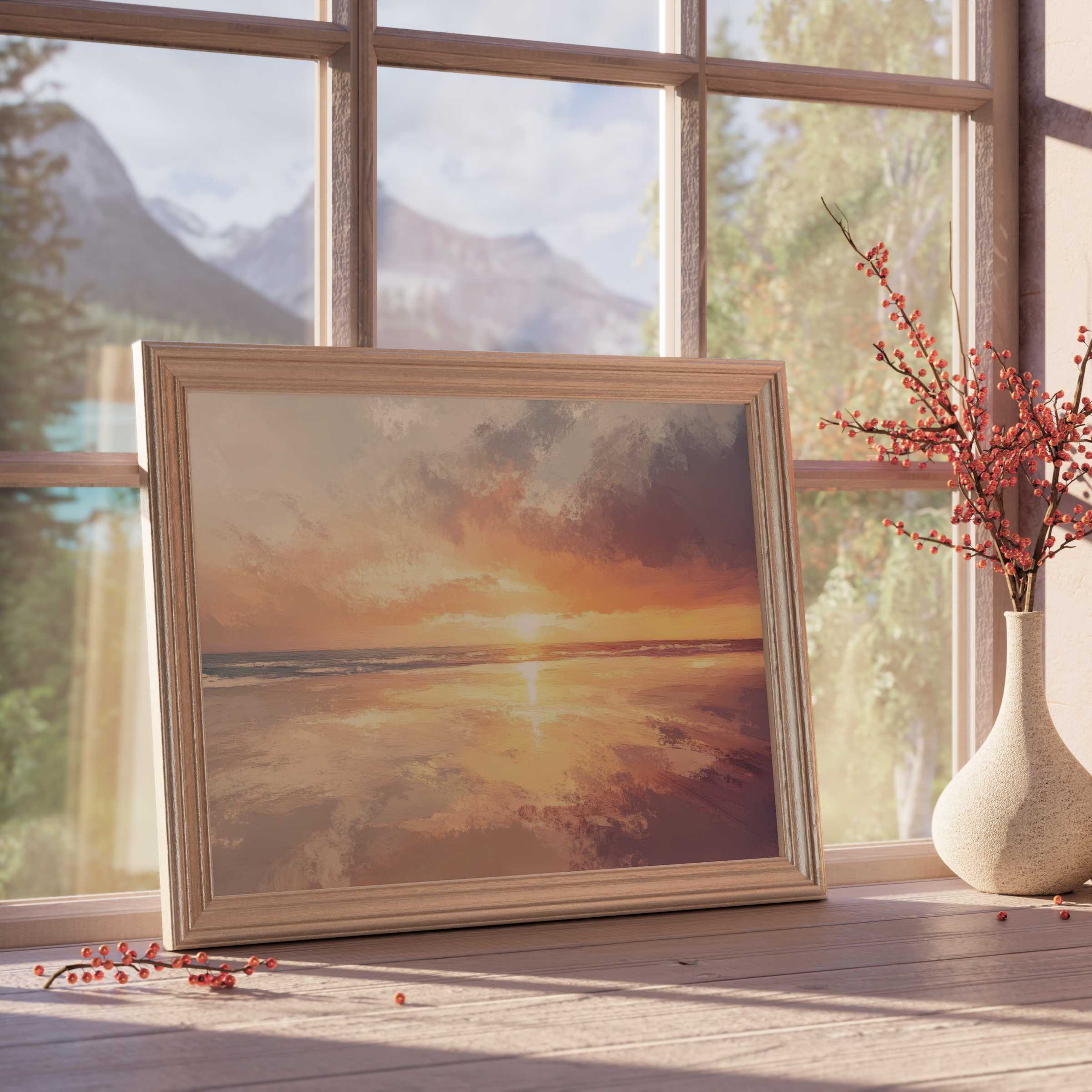 Golden sunset beach downloadable art radiates warmth and calm, elevating serene, design-forward interiors with coastal charm