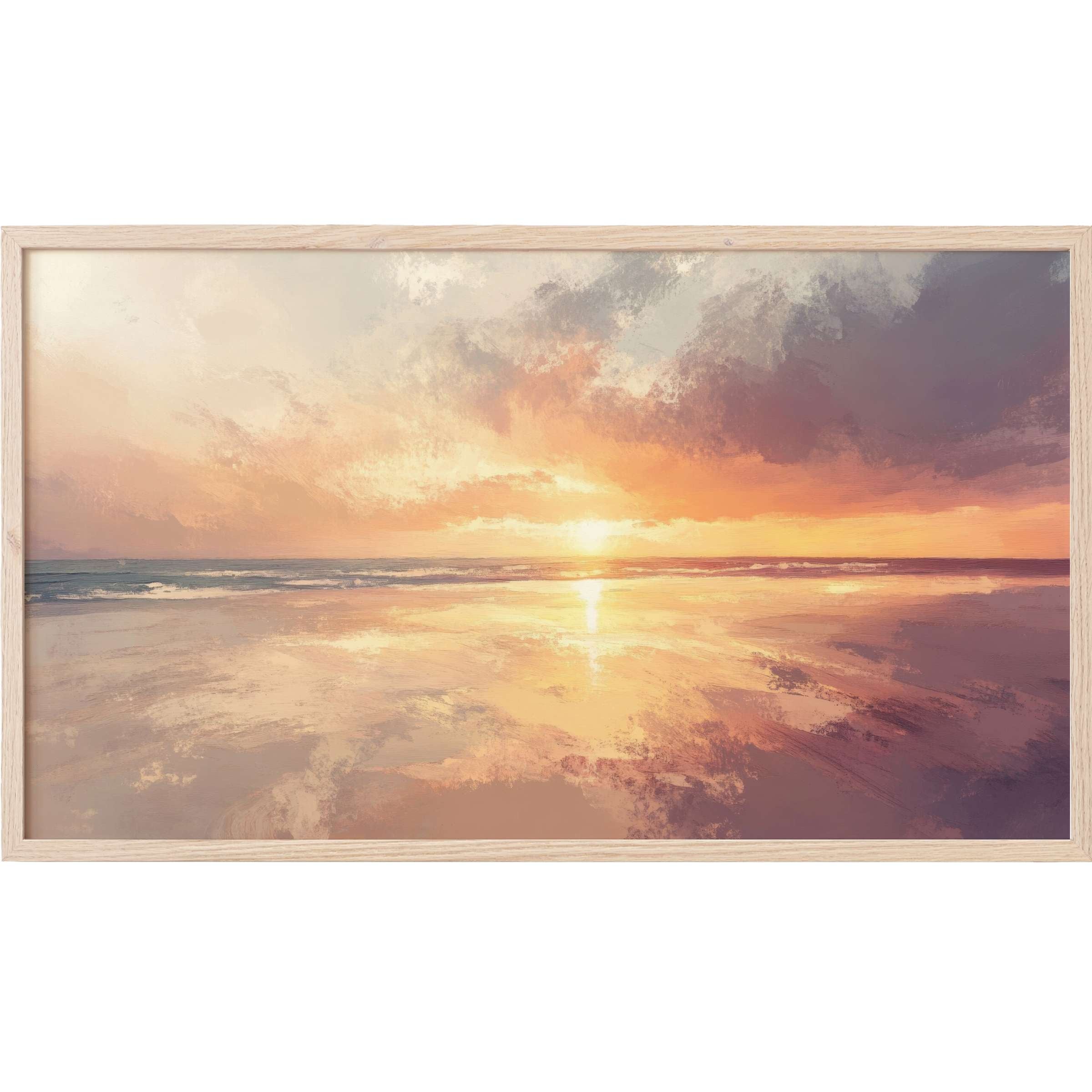 Serene coastal sunset with soft pastels and warm hues in a minimalist beach Frame TV Art style