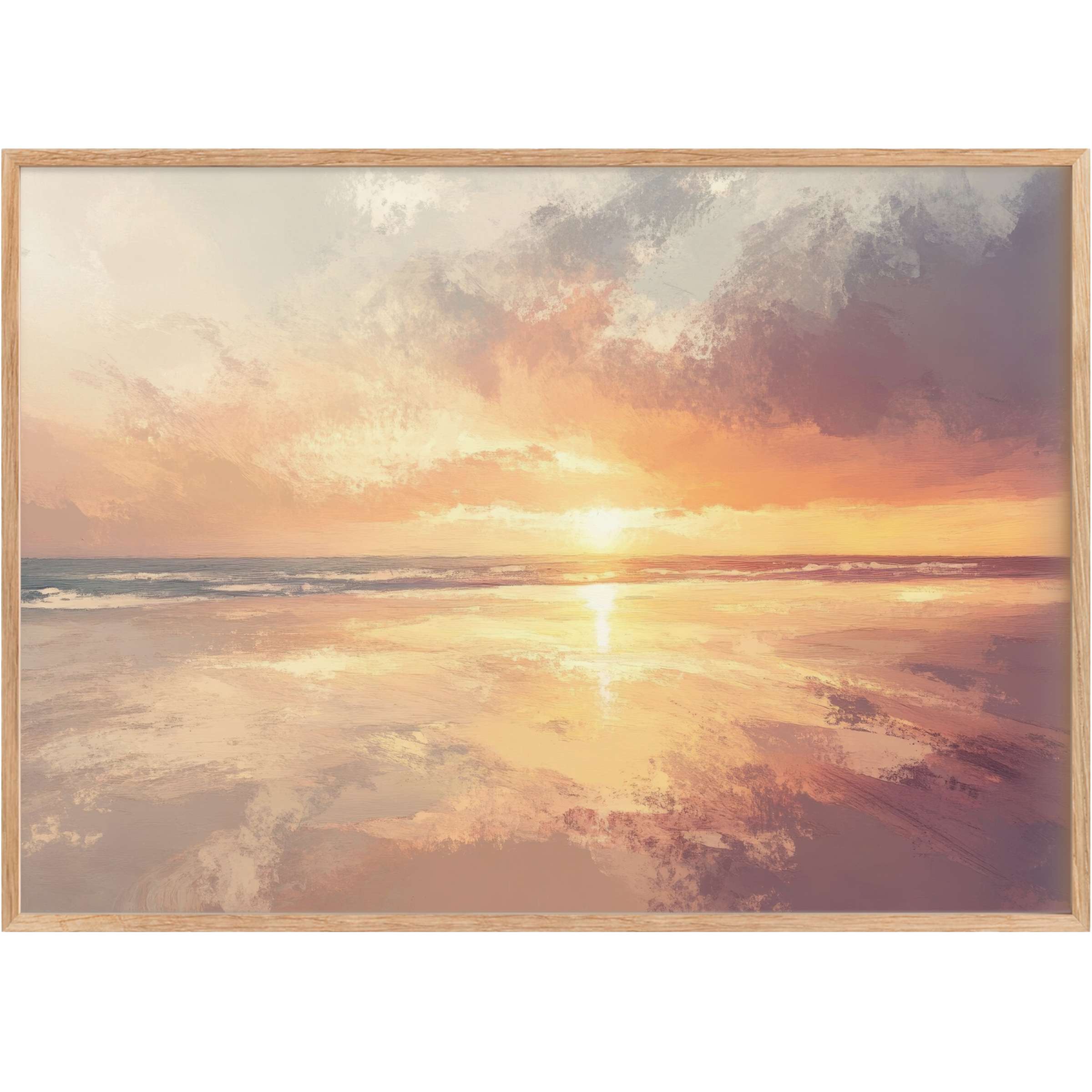 Radiant beach printable wall art capturing a serene sunset with warm golds and soft purples, elevating any elegant space