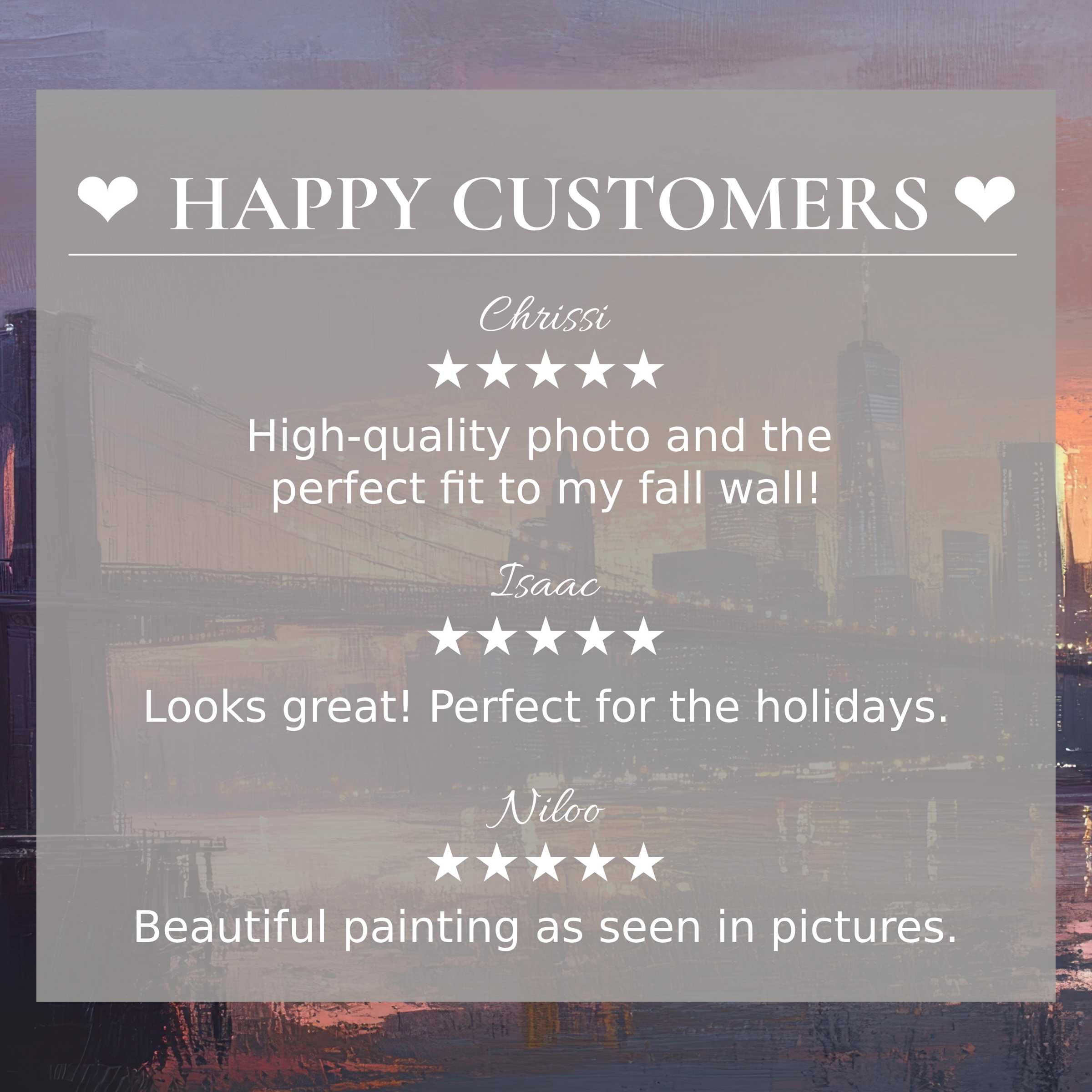 Urban art for Frame TV with abstract sunset cityscape and happy customer reviews showcasing trust and elegance