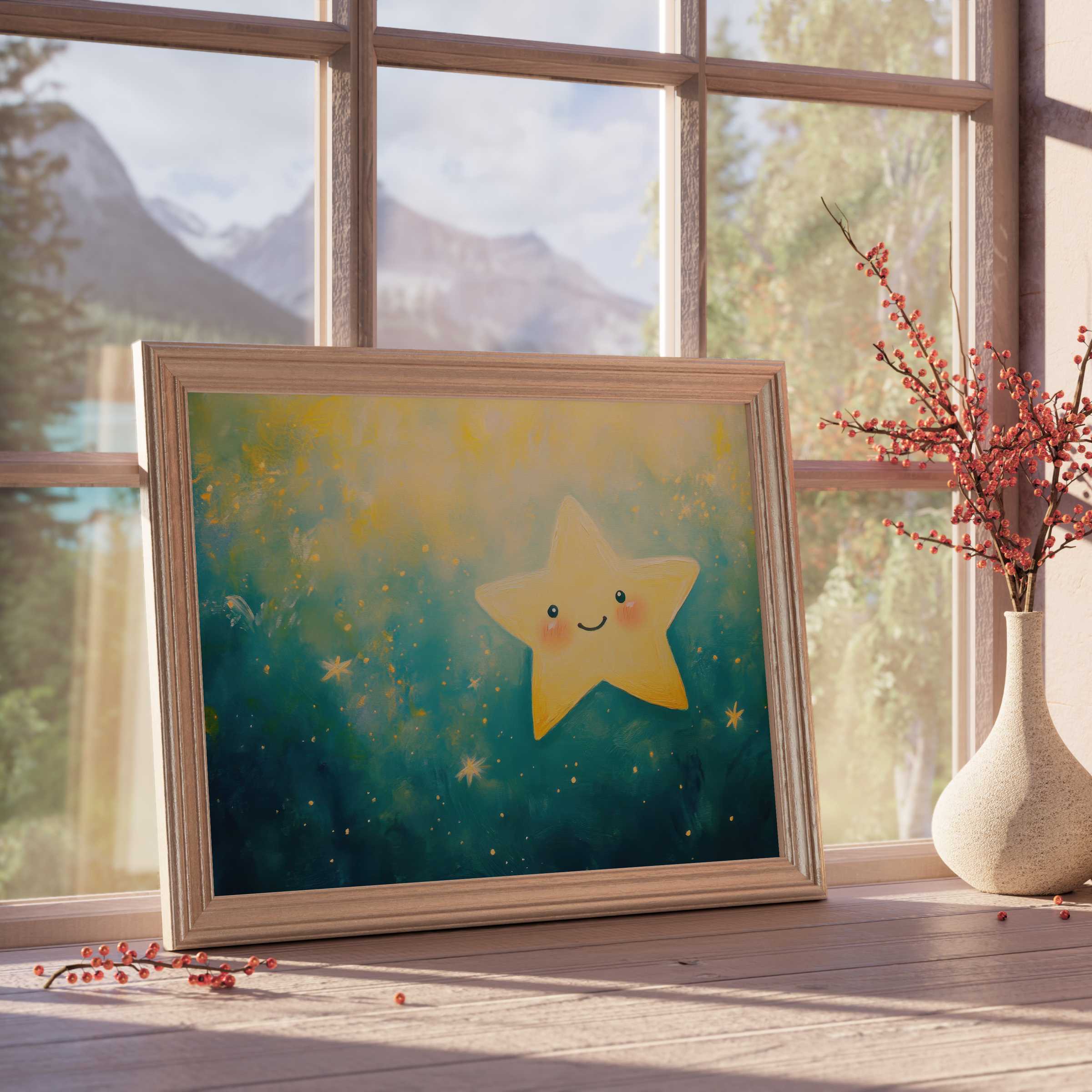 Whimsical nursery downloadable art featuring a radiant smiling star, perfect for curated, serene children's spaces and elegant baby rooms
