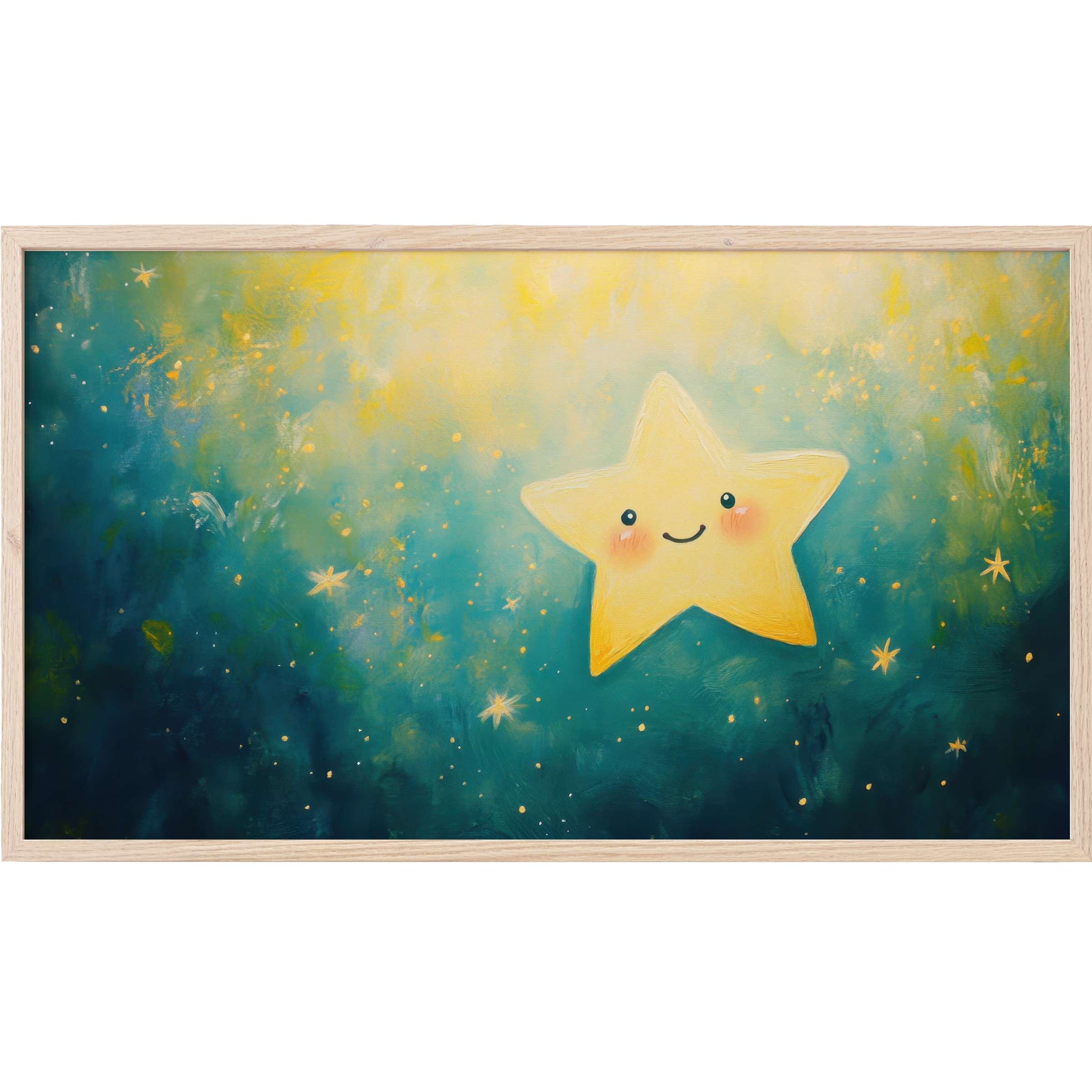 nursery Frame TV Art of a smiling star in soft yellow hues against a dreamy blue and gold cosmic backdrop