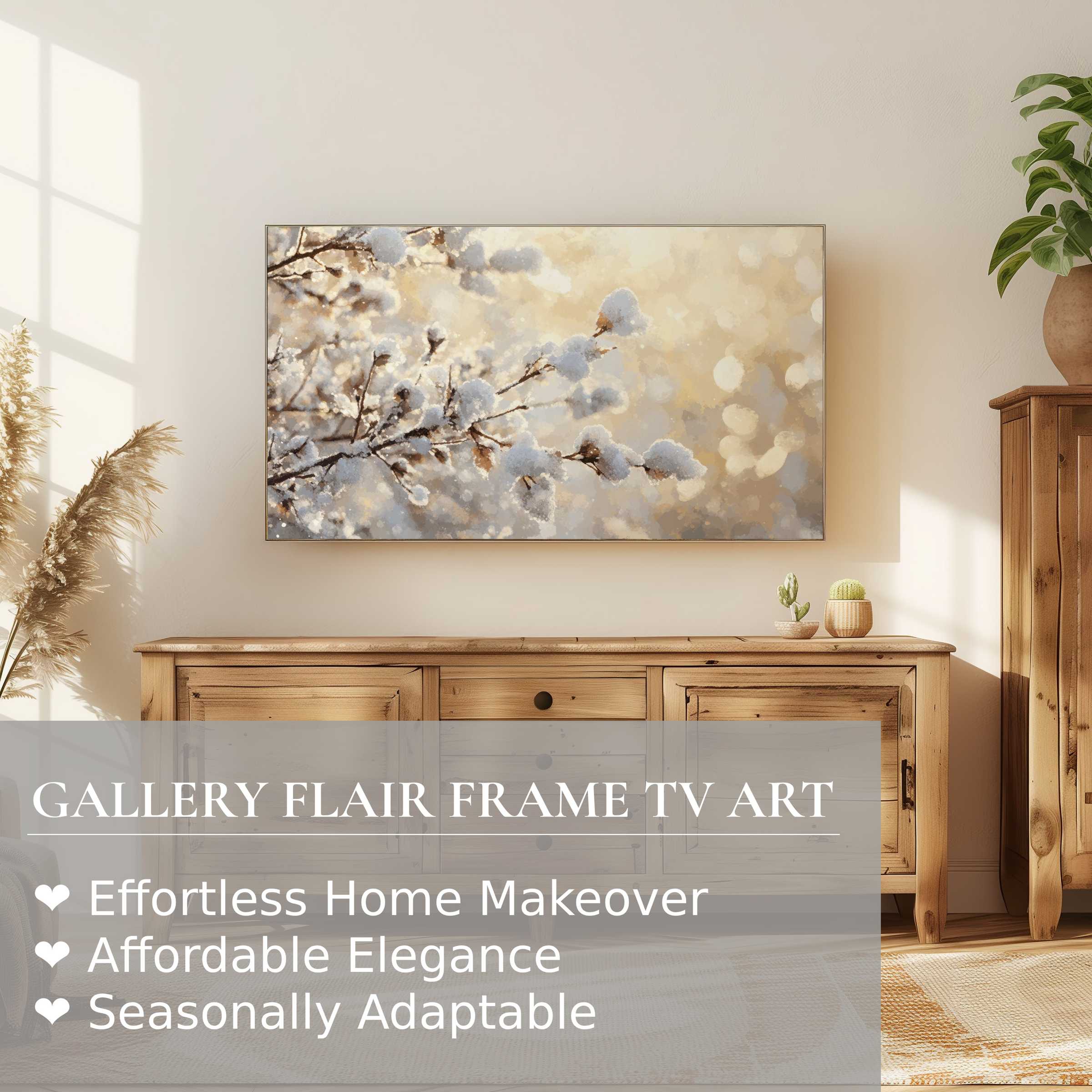 Samsung Frame TV showcasing serene tree digital artwork in cozy, modern wood-furnished living space with warm natural light