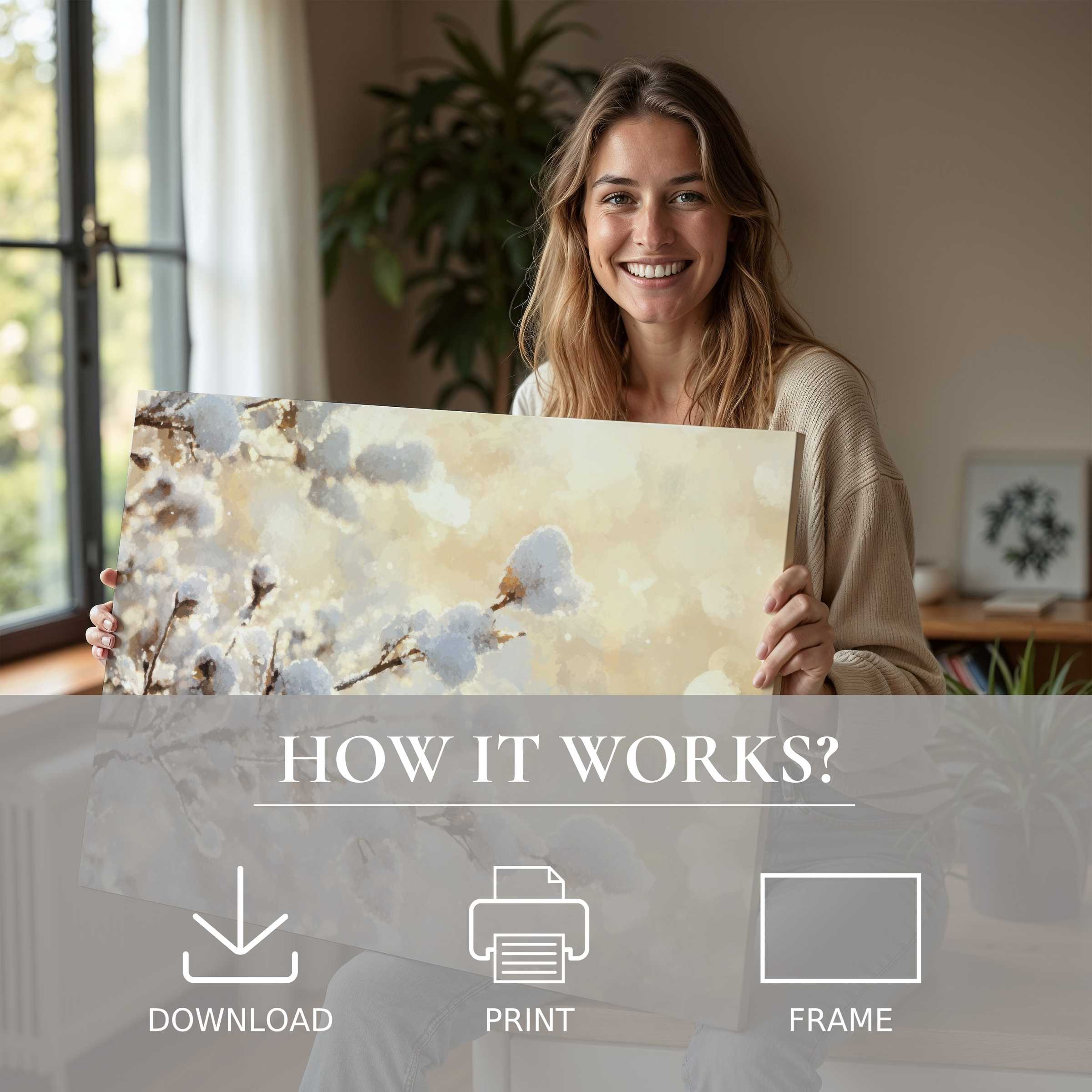 Joyful moment of bringing a tree digital art print to life in a chic, sunlit living space-effortless elegance for inspired decor