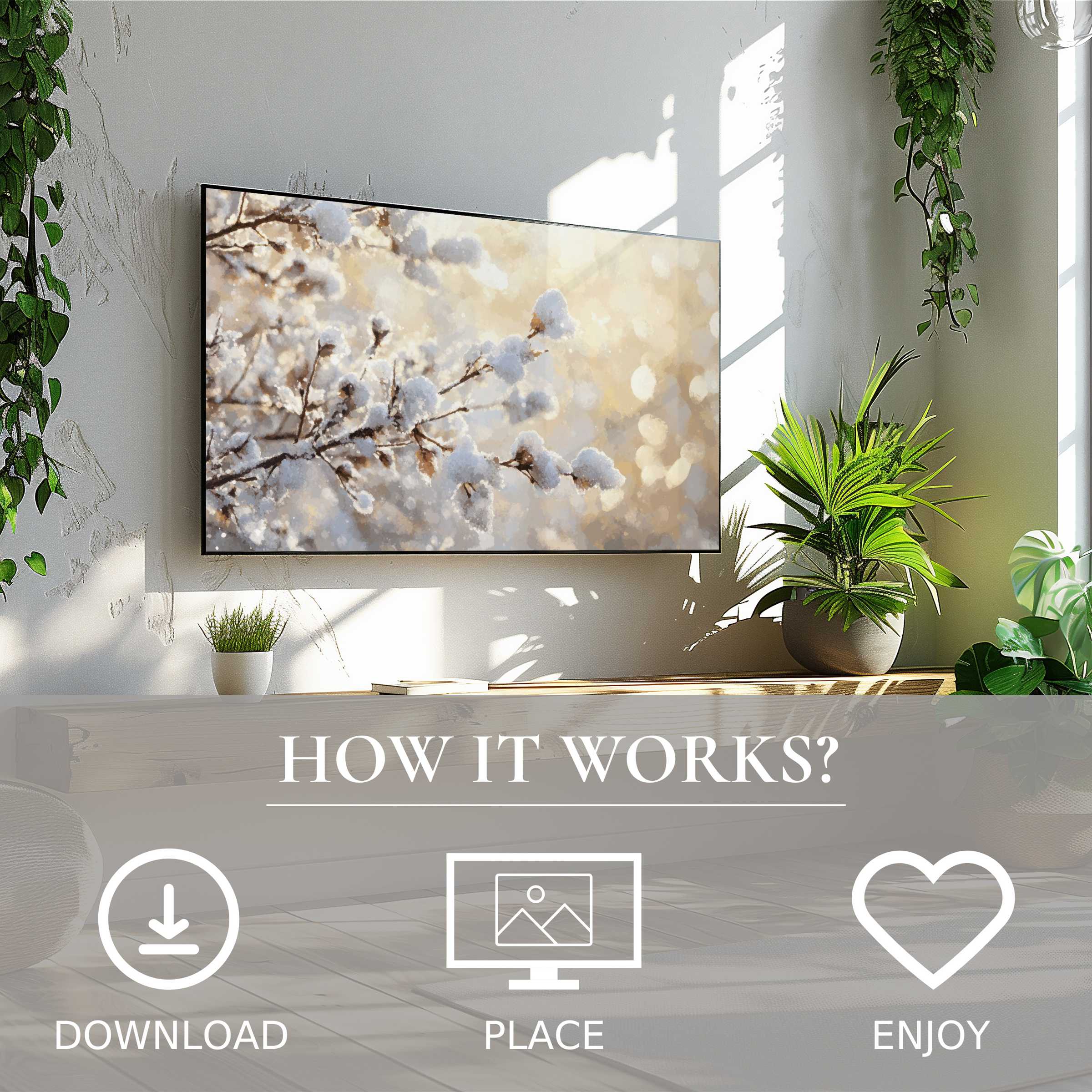 Tree art for Samsung TV shows soft snow-covered branches, easy digital download enhancing modern living spaces