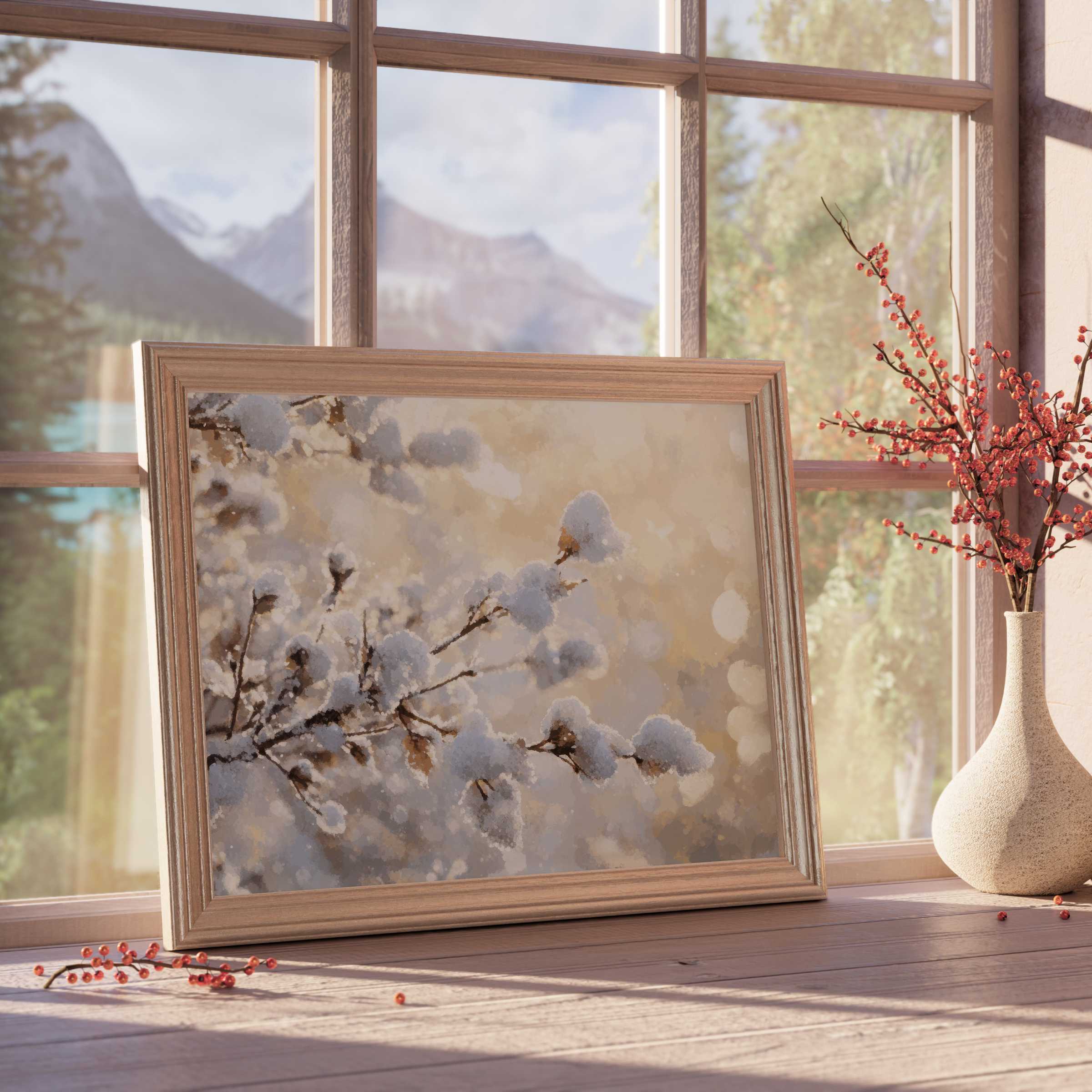 Tree downloadable art featuring serene snow-dusted branches in soft neutrals, perfect for curated, tranquil, luxe interiors