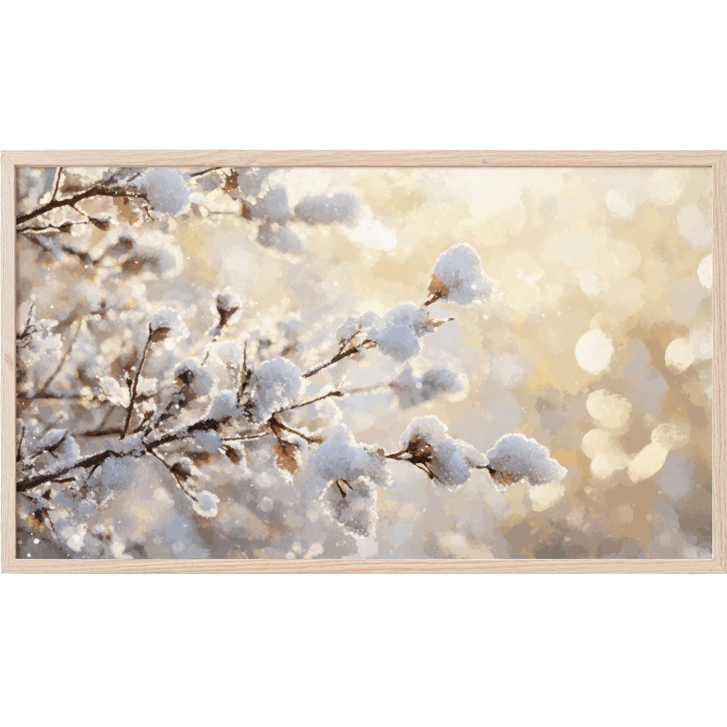 Soft-focus snowy branches bathed in warm light, evoking calm elegance in tree Frame TV Art