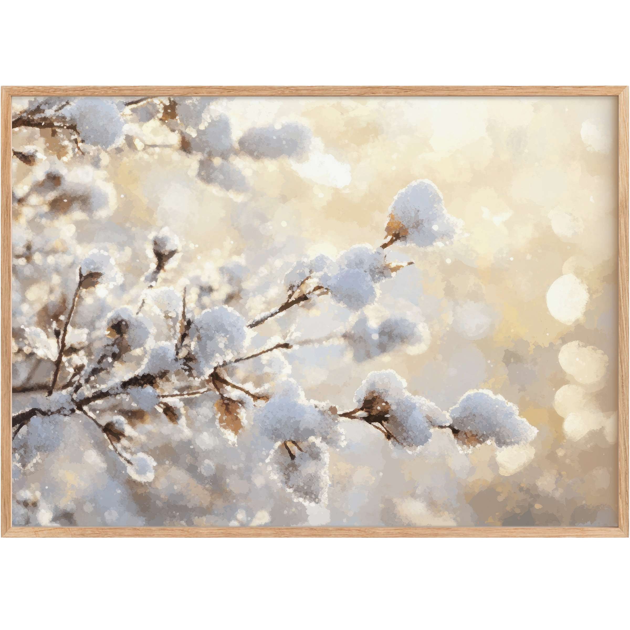 Elegant tree printable wall art, capturing snow-kissed branches bathed in soft golden light, evoking serene winter tranquility
