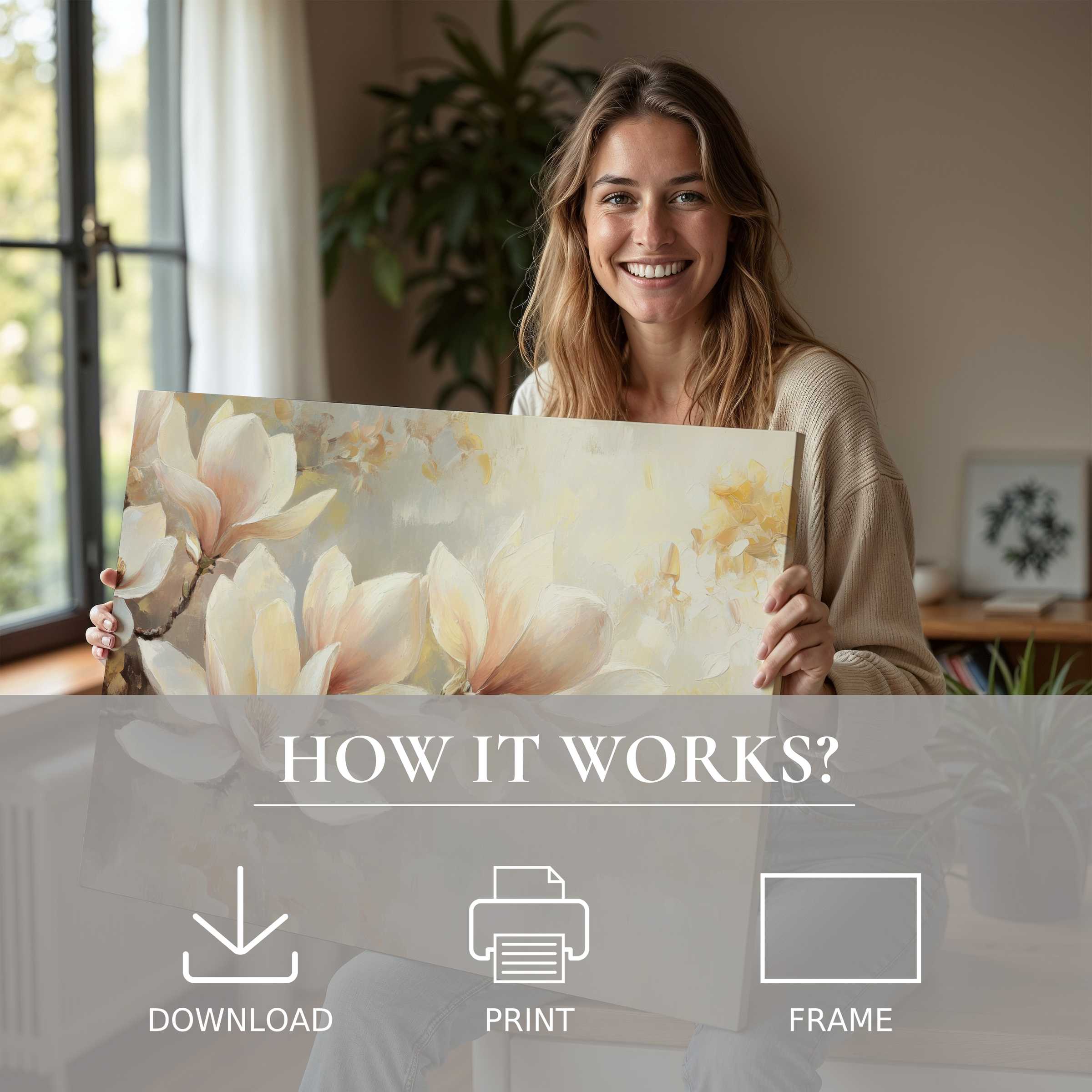 Bright botanical digital art print radiates warmth as a woman joyfully shares its serene beauty in a chic modern living space