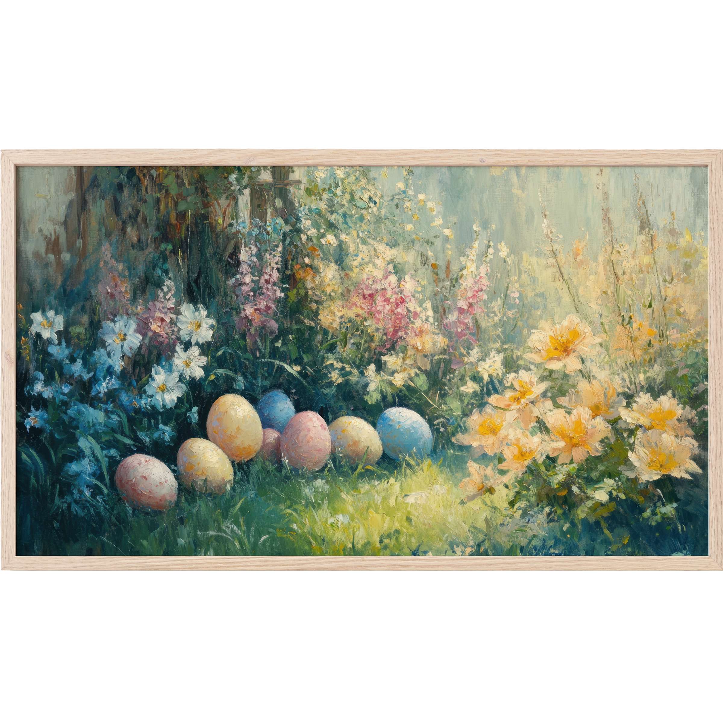 Elegant garden scene with pastel-colored eggs and blooming flowers in soft, impressionist easter Frame TV Art style