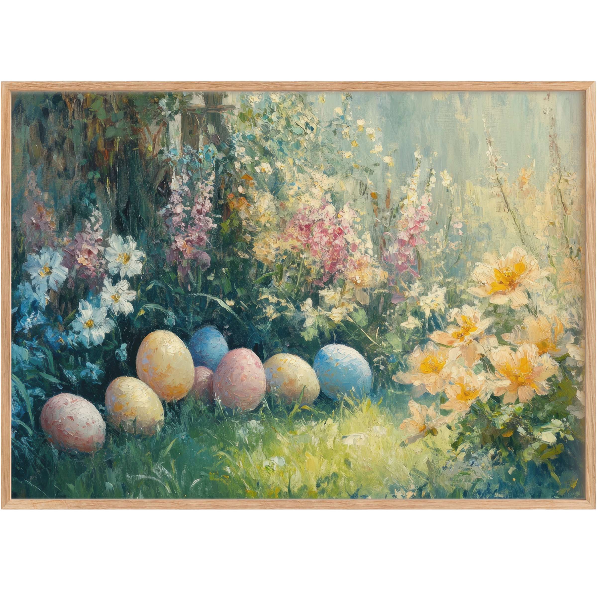 Radiant easter printable wall art with pastel eggs nestled among lush wildflowers, evoking serene springtime elegance