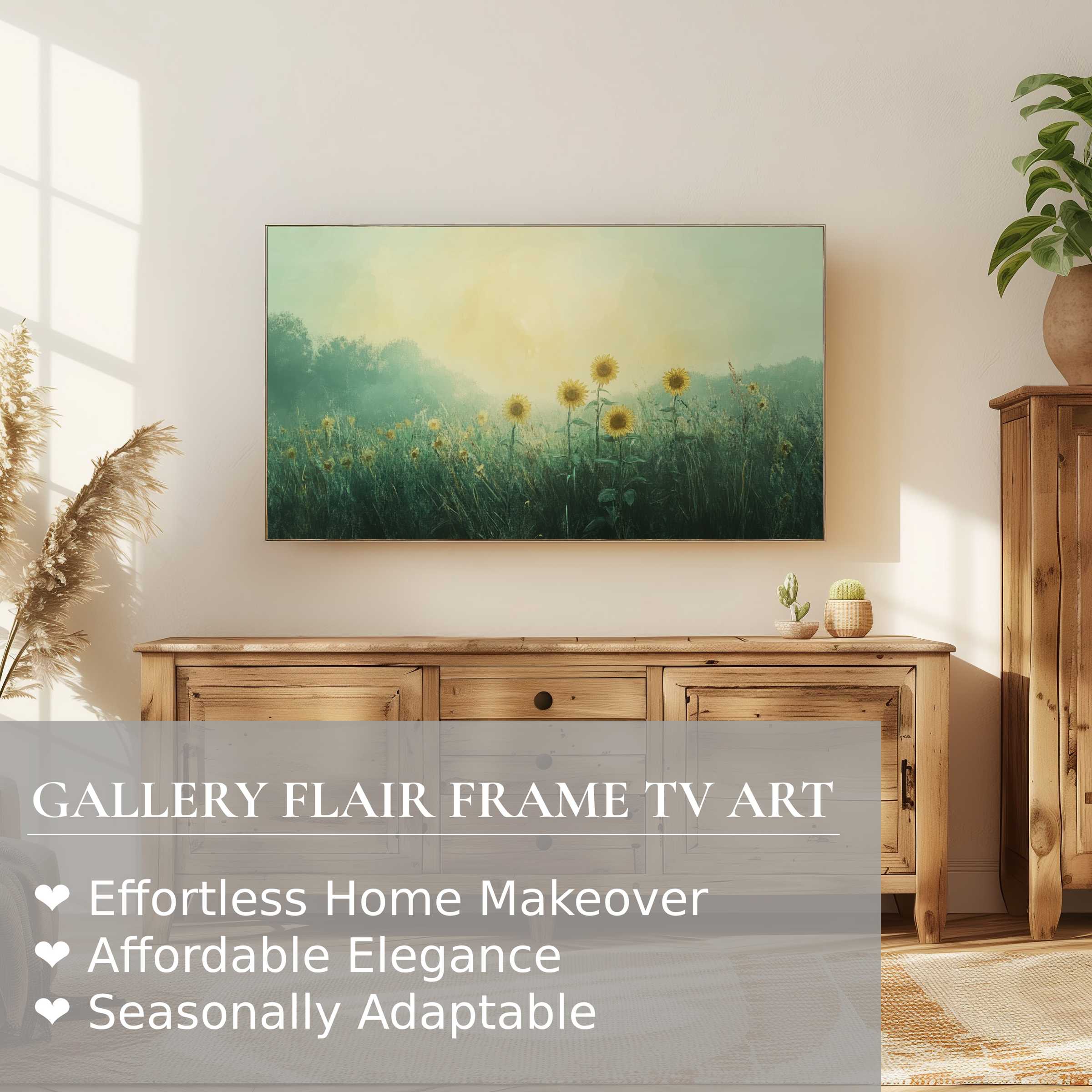 Samsung Frame TV showcasing vintage digital artwork of sunflowers in a serene, sunlit modern living space