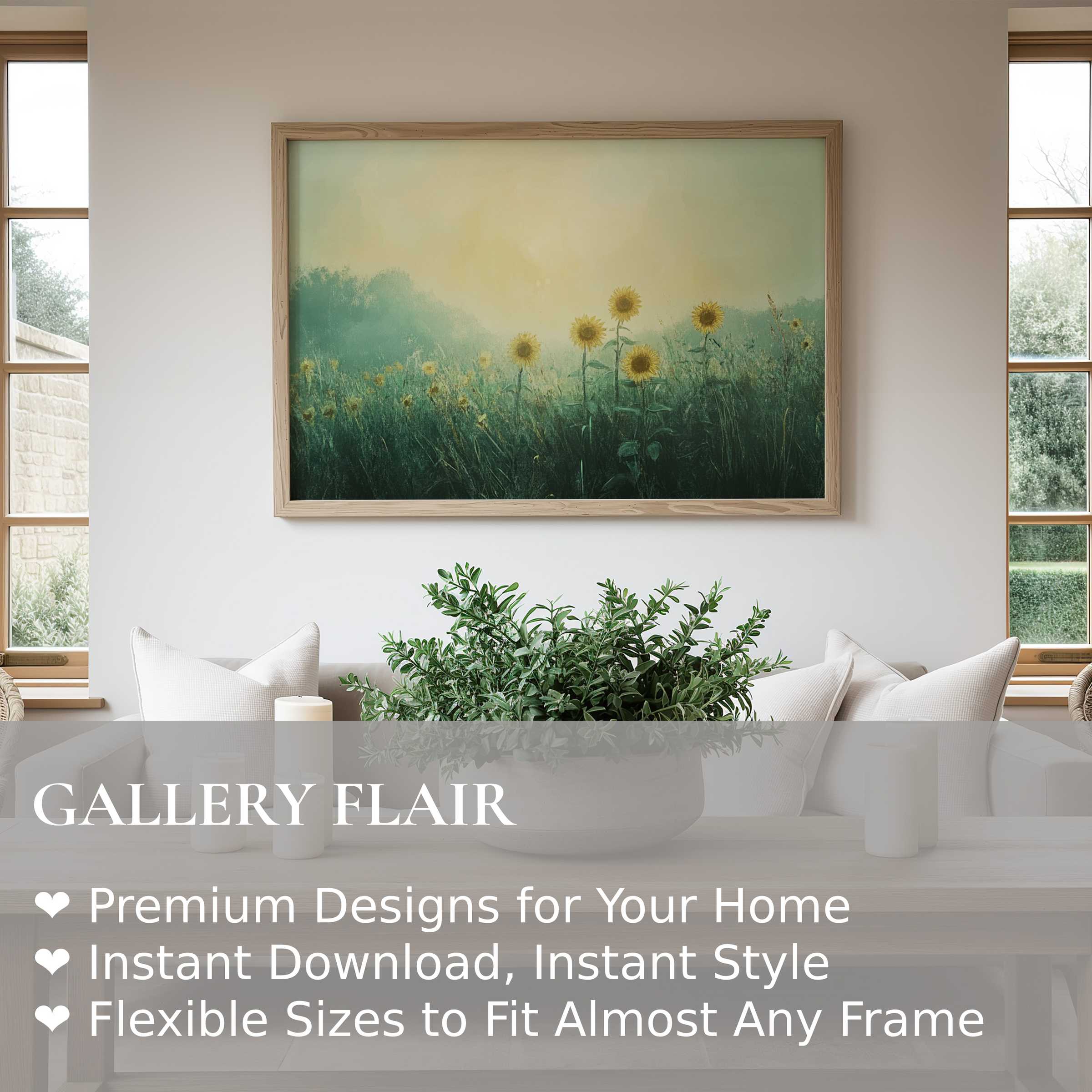 Vintage wall art print of sunflowers bathed in soft morning light, enhancing modern minimalist interiors with serene, natural elegance