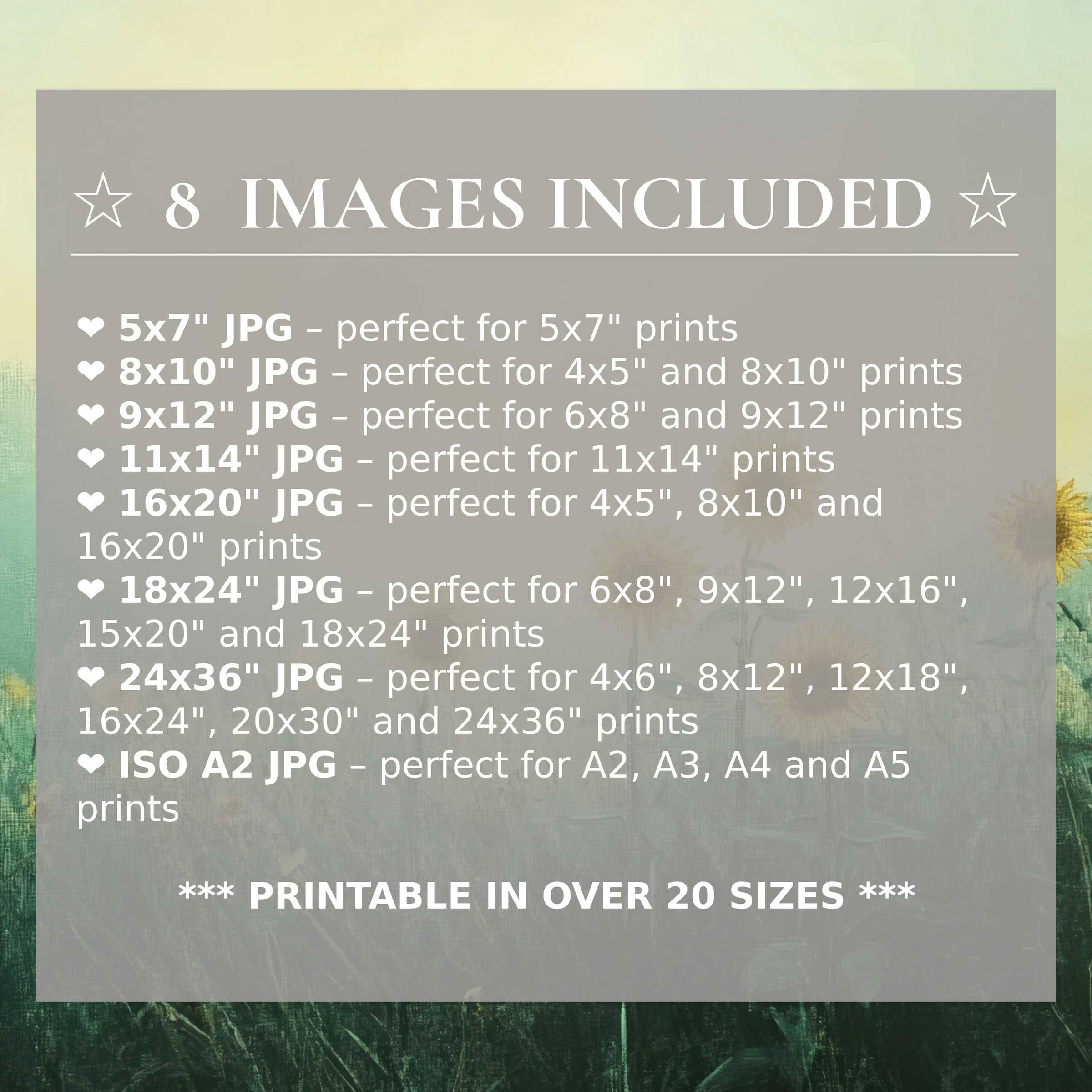 Radiant vintage digital print awash in sunlit yellows and calming greens, elevating modern interiors with 8 high-quality included sizes