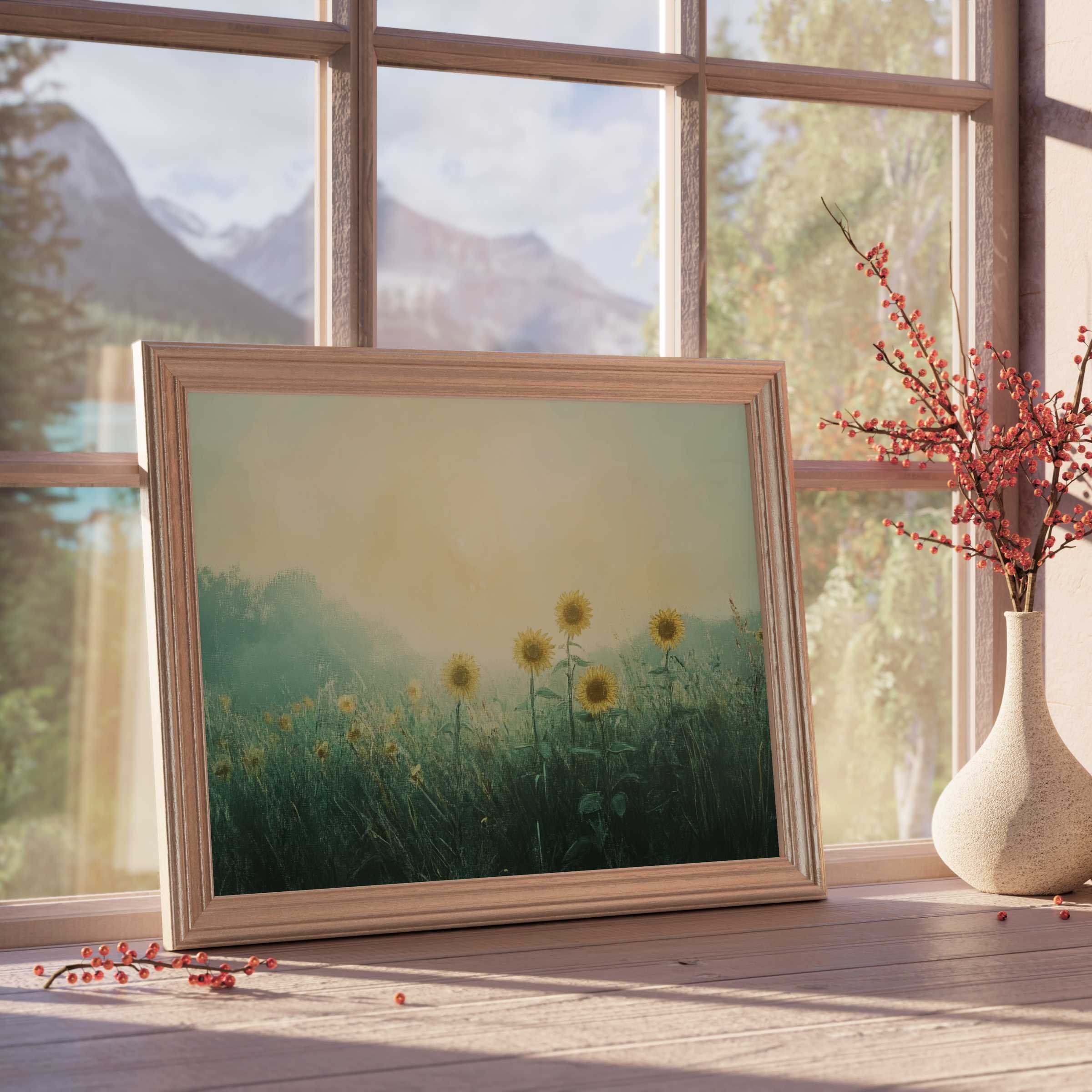 Vintage downloadable art of sunlit sunflower fields bathed in morning mist, evoking serene, curated elegance for tranquil interiors