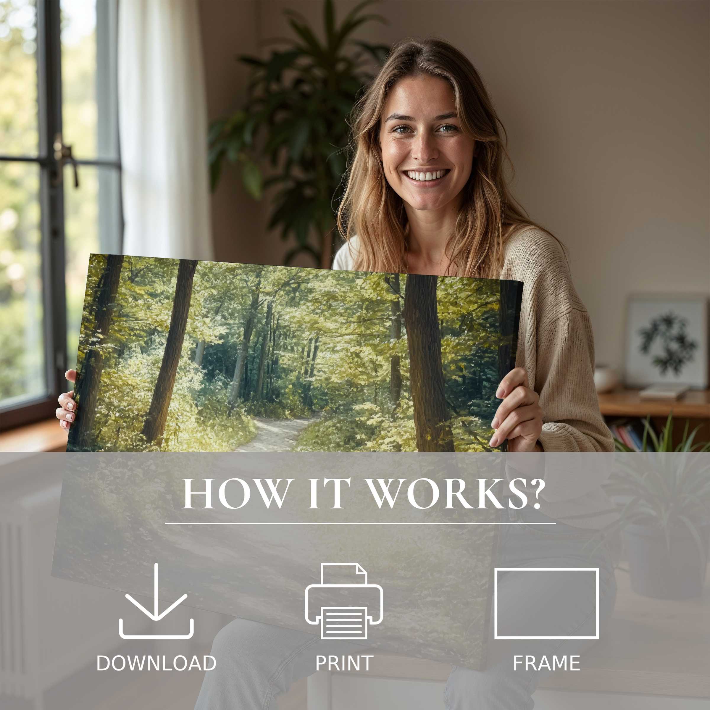 Woman embracing a summer digital art print of a sunlit forest path, evoking warmth and serene connection in a chic home