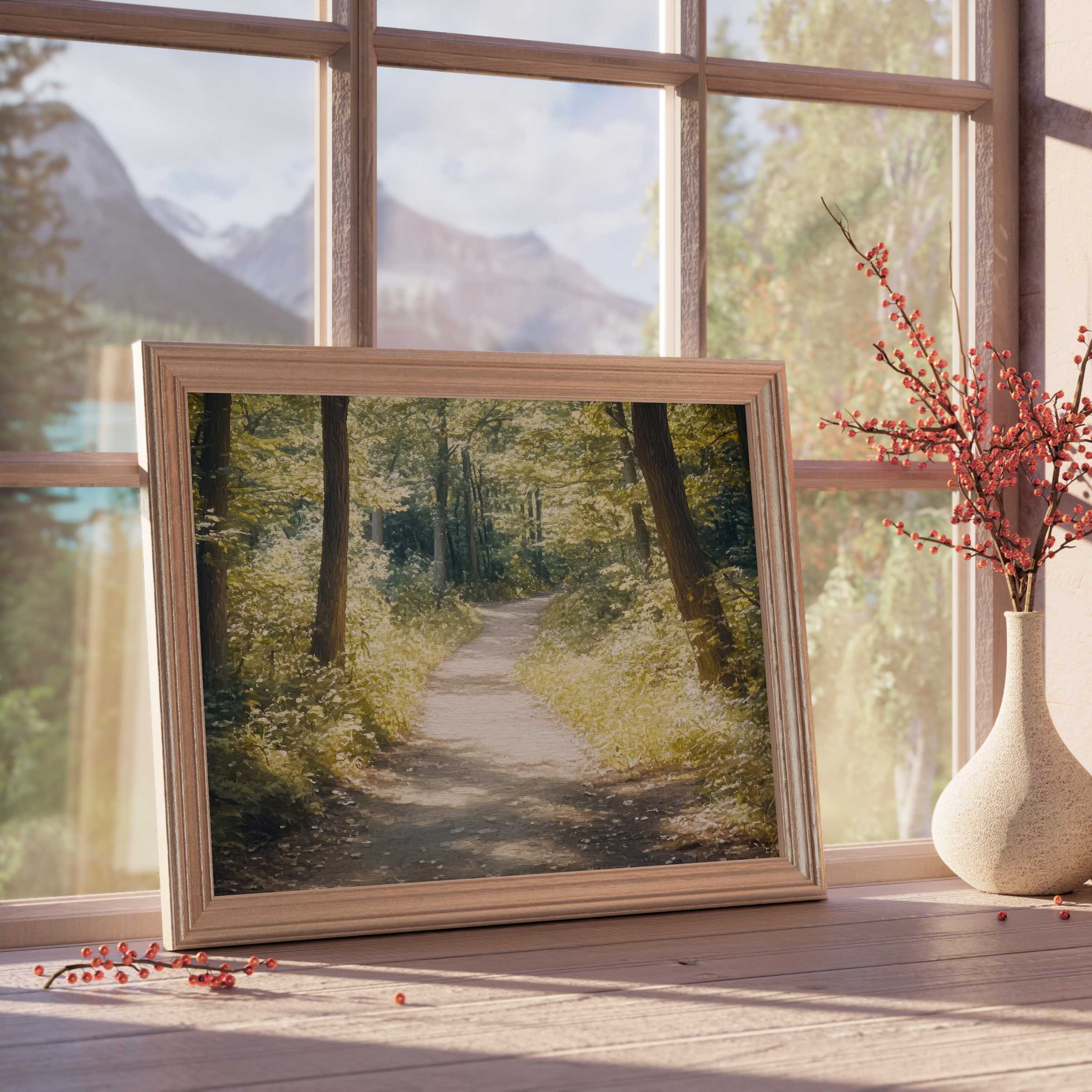 Summer downloadable art capturing a sunlit forest path in warm tones, enriching serene, curated interiors with natural elegance