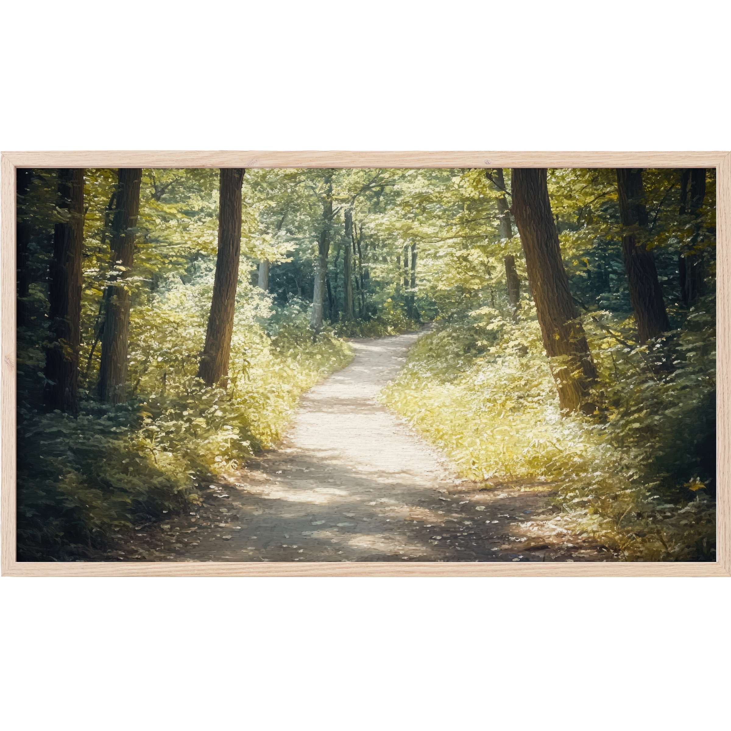 Summer forest path bathed in dappled sunlight, warm greens and earthy tones, summer Frame TV Art