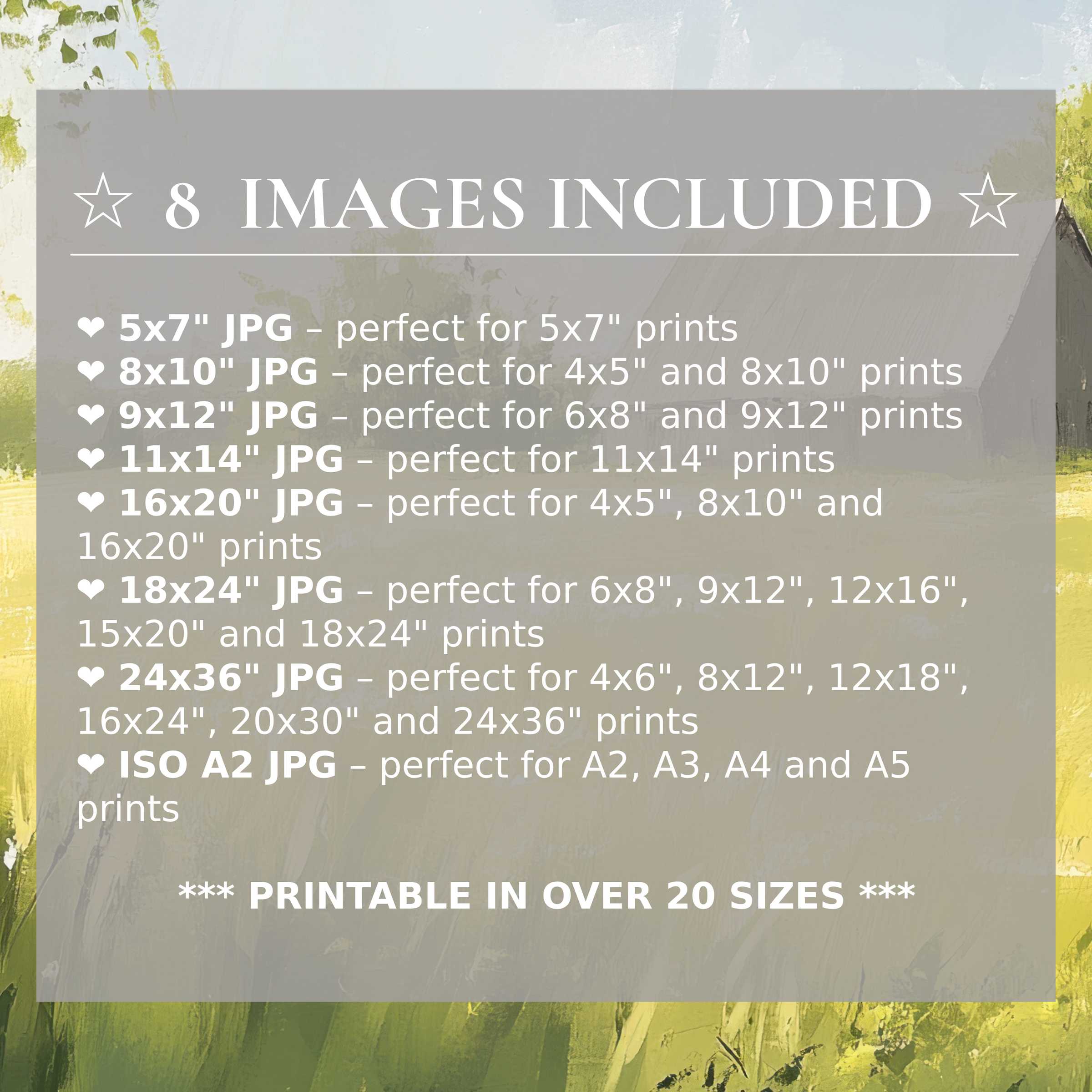Farmhouse digital print with radiant greens and soft blues, elevating modern interiors with style; includes 8 high-quality sizes