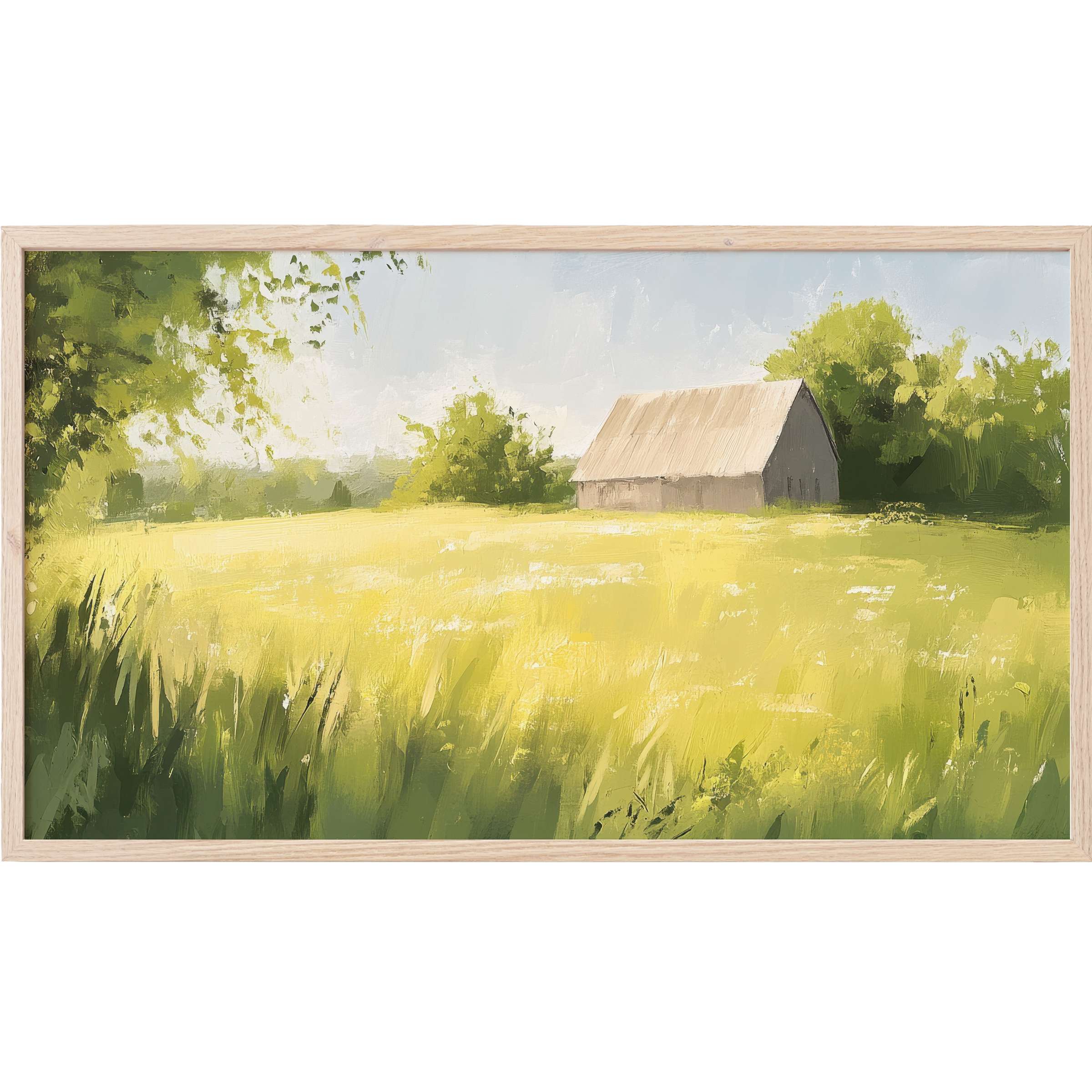 Farmhouse Frame TV Art showing a serene landscape with soft greens, yellows, and muted blue sky in modern brushstrokes