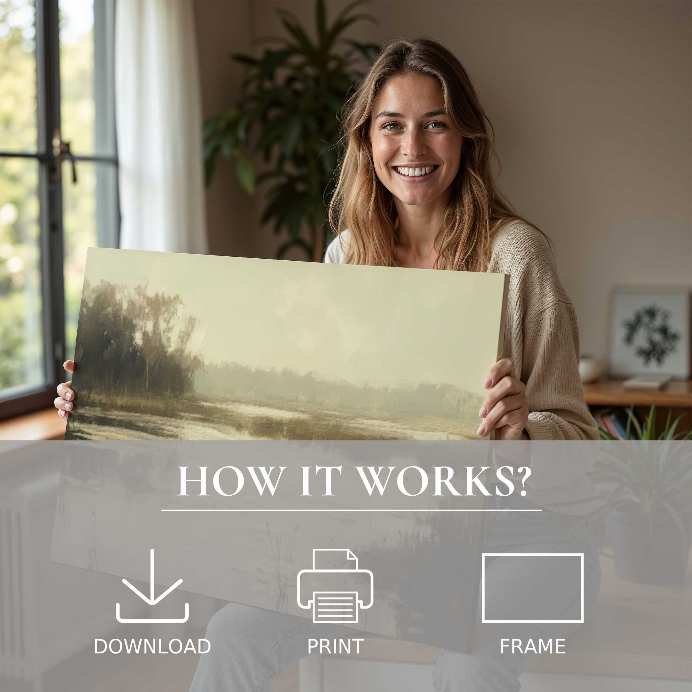 A serene moment of connection as a woman joyfully embraces a landscape digital art print, embodying effortless elegance in modern home decor