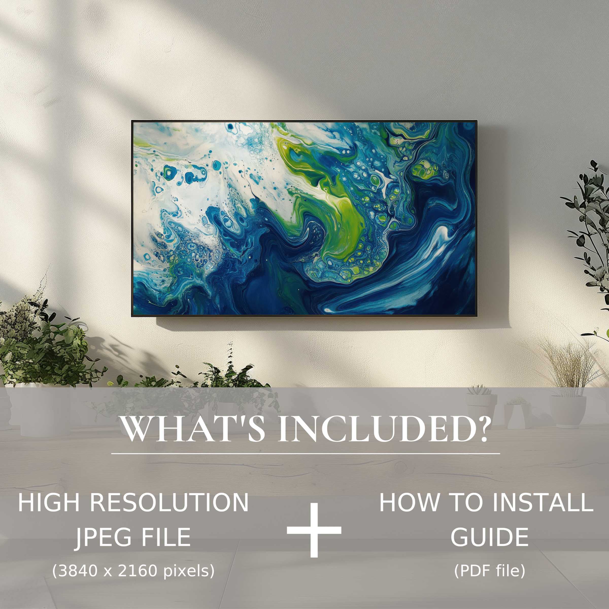 Elegant living space enhanced by abstract digital TV art download, featuring easy digital use with vivid fluid design