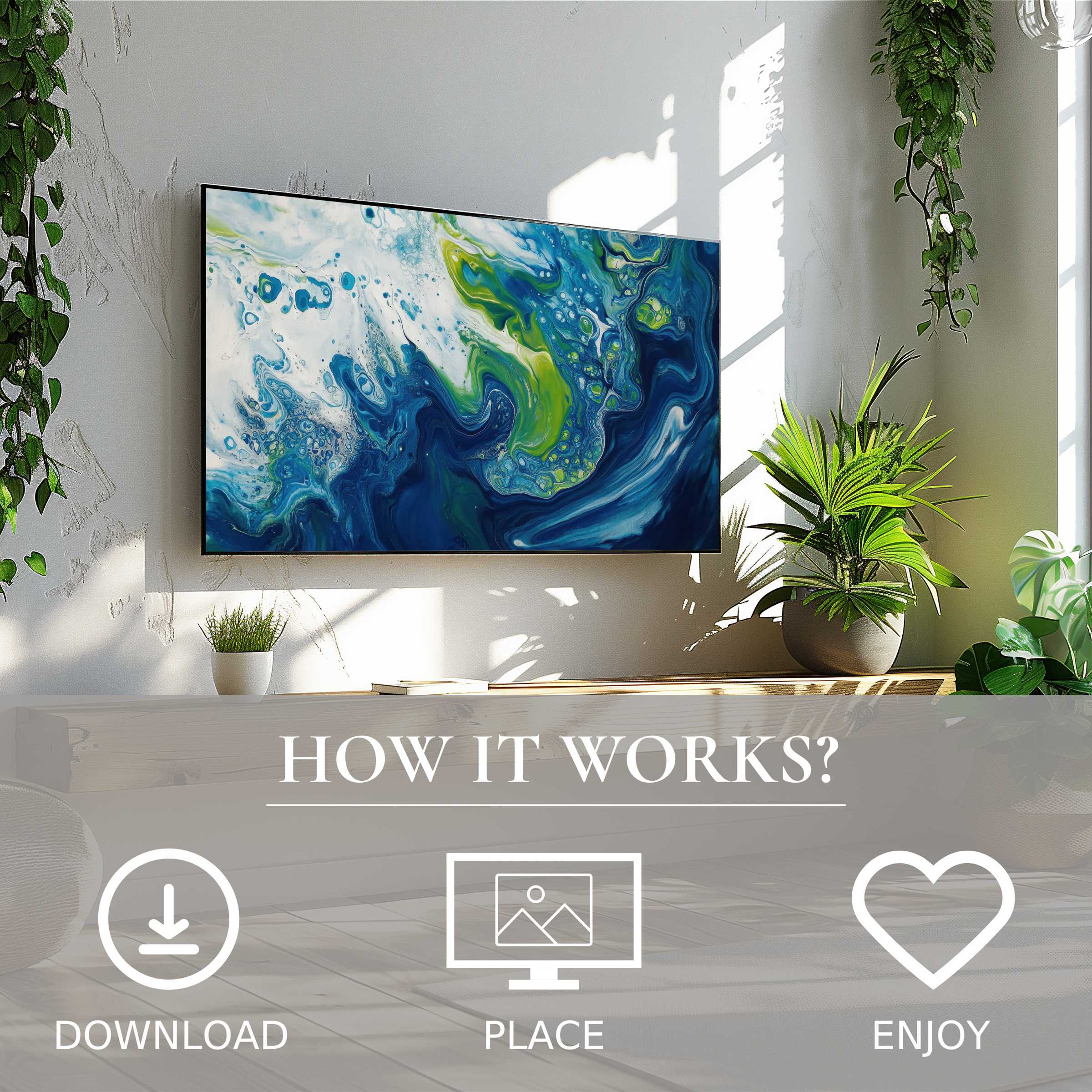 Abstract art for Samsung TV with fluid blue-green color flow enriches spaces Easy digital download and display