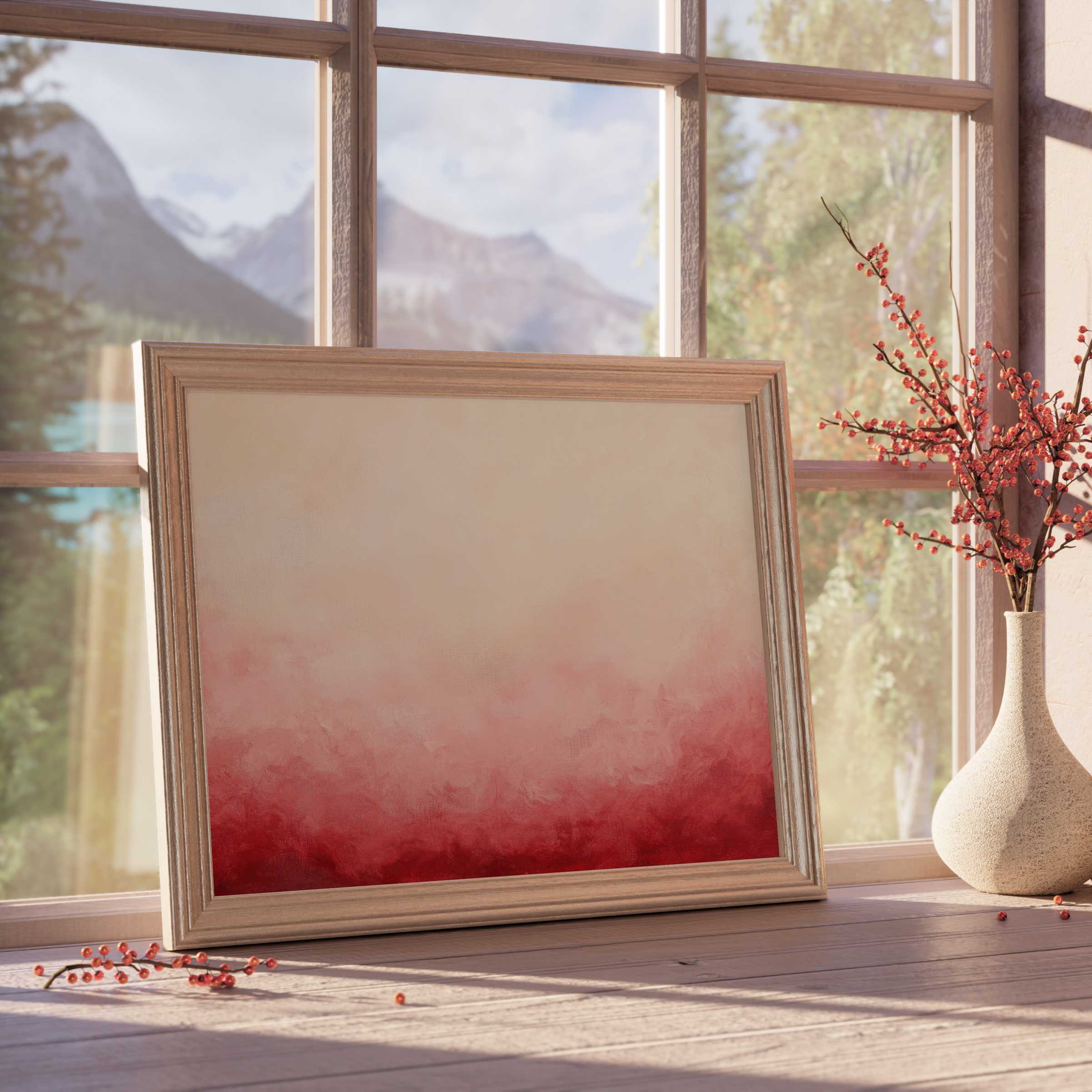 Modern downloadable art with warm red ombré hues, enhancing curated interiors with serene, design-forward elegance and seasonal accents