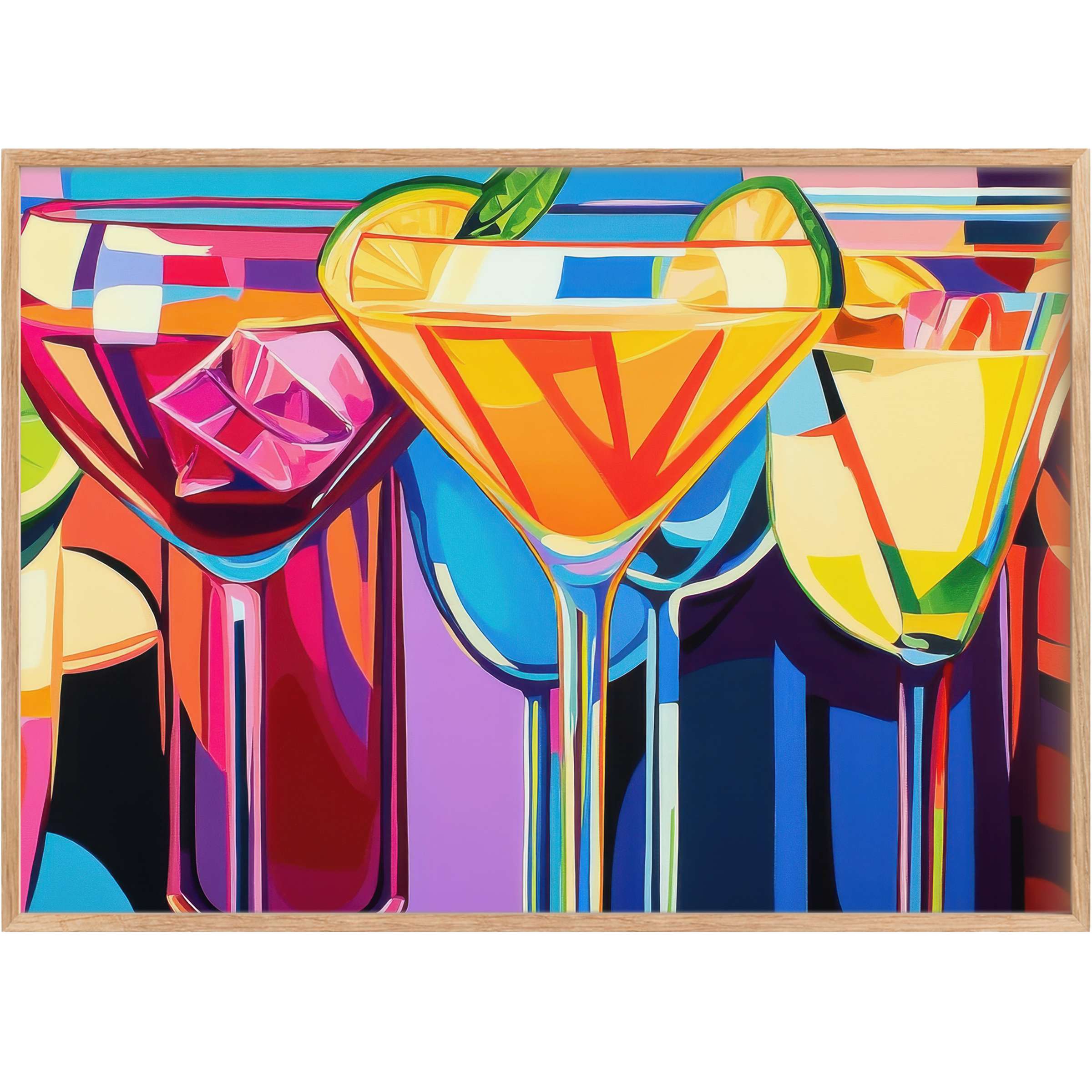 Vibrant pop art printable wall art showcasing cocktails in bold reds, yellows, and blues, evoking a lively, celebratory mood