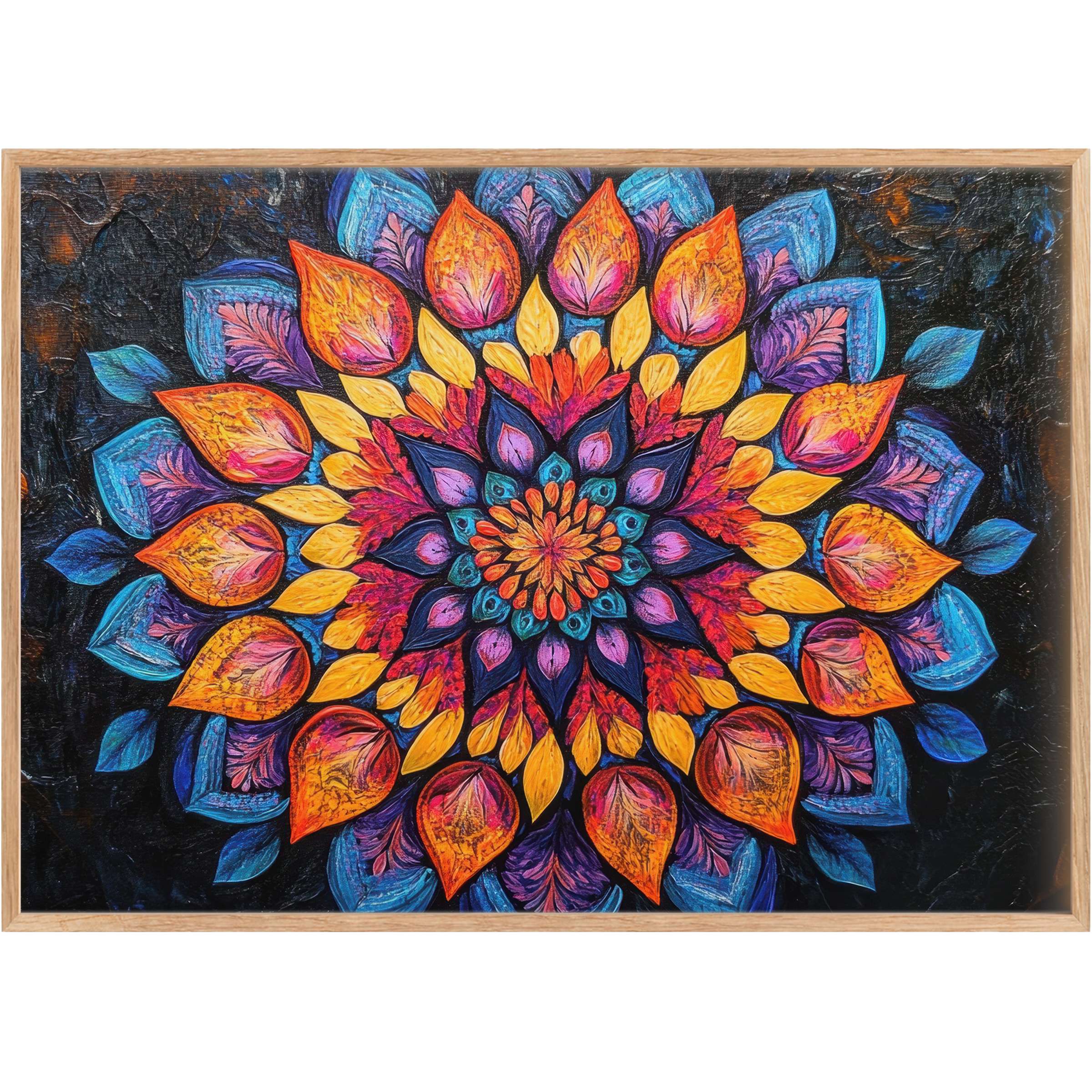 Radiant floral printable wall art in fiery oranges, deep purples, and electric blues, transforming spaces with vibrant, dynamic warmth