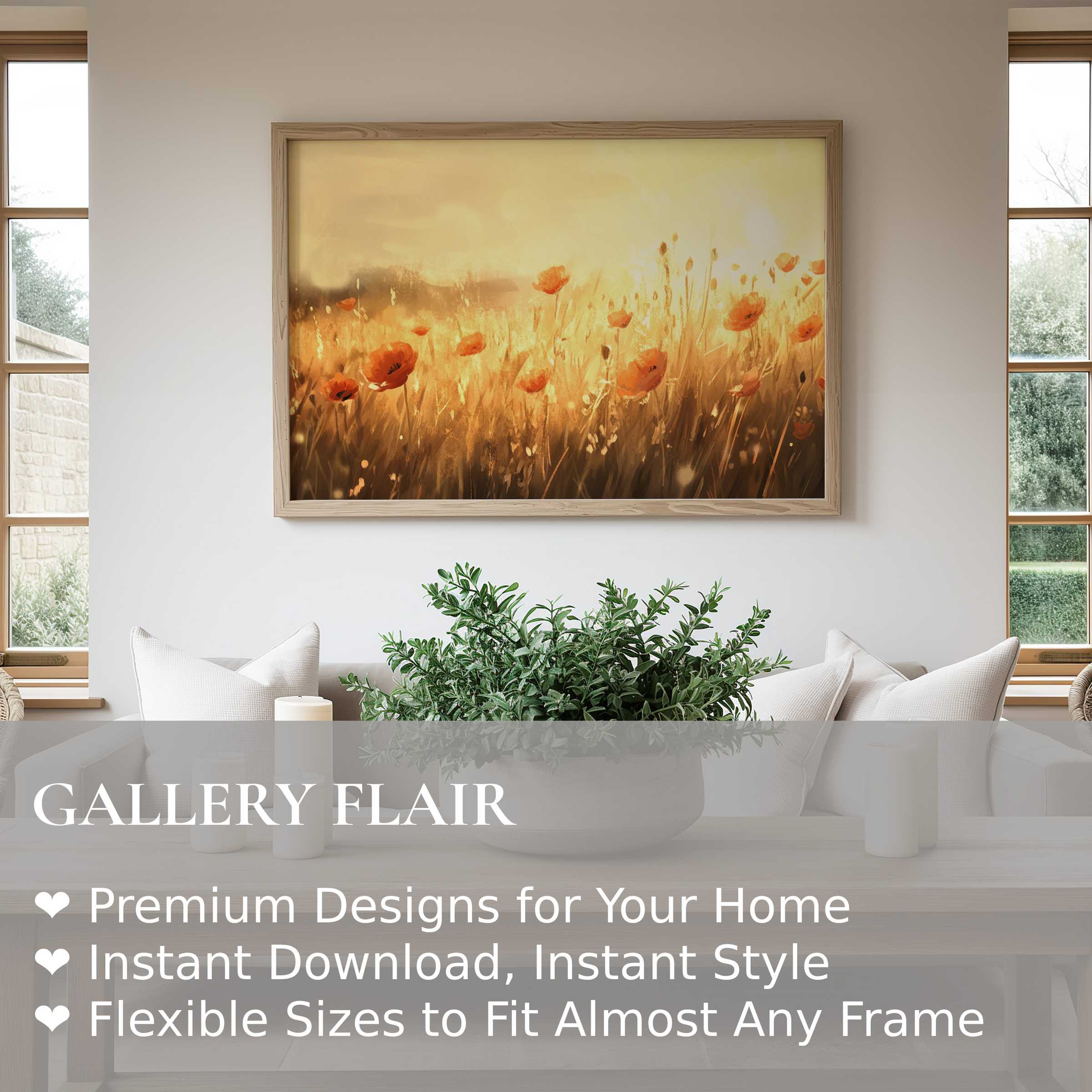 Radiant spring wall art print featuring glowing poppies in golden light, enhancing serene modern farmhouse interiors with warm elegance