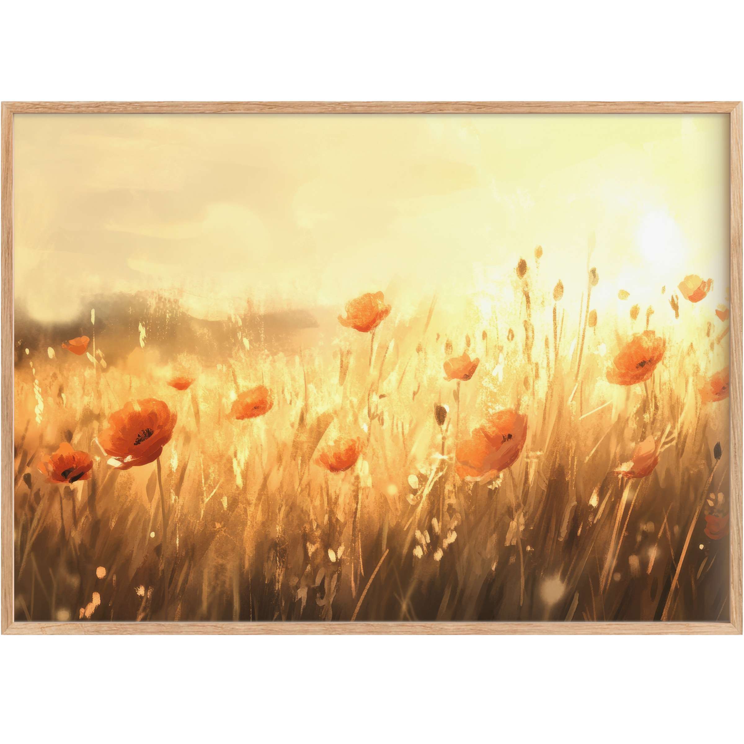 Radiant spring printable wall art featuring glowing amber fields and delicate poppies, evoking warmth and serene elegance