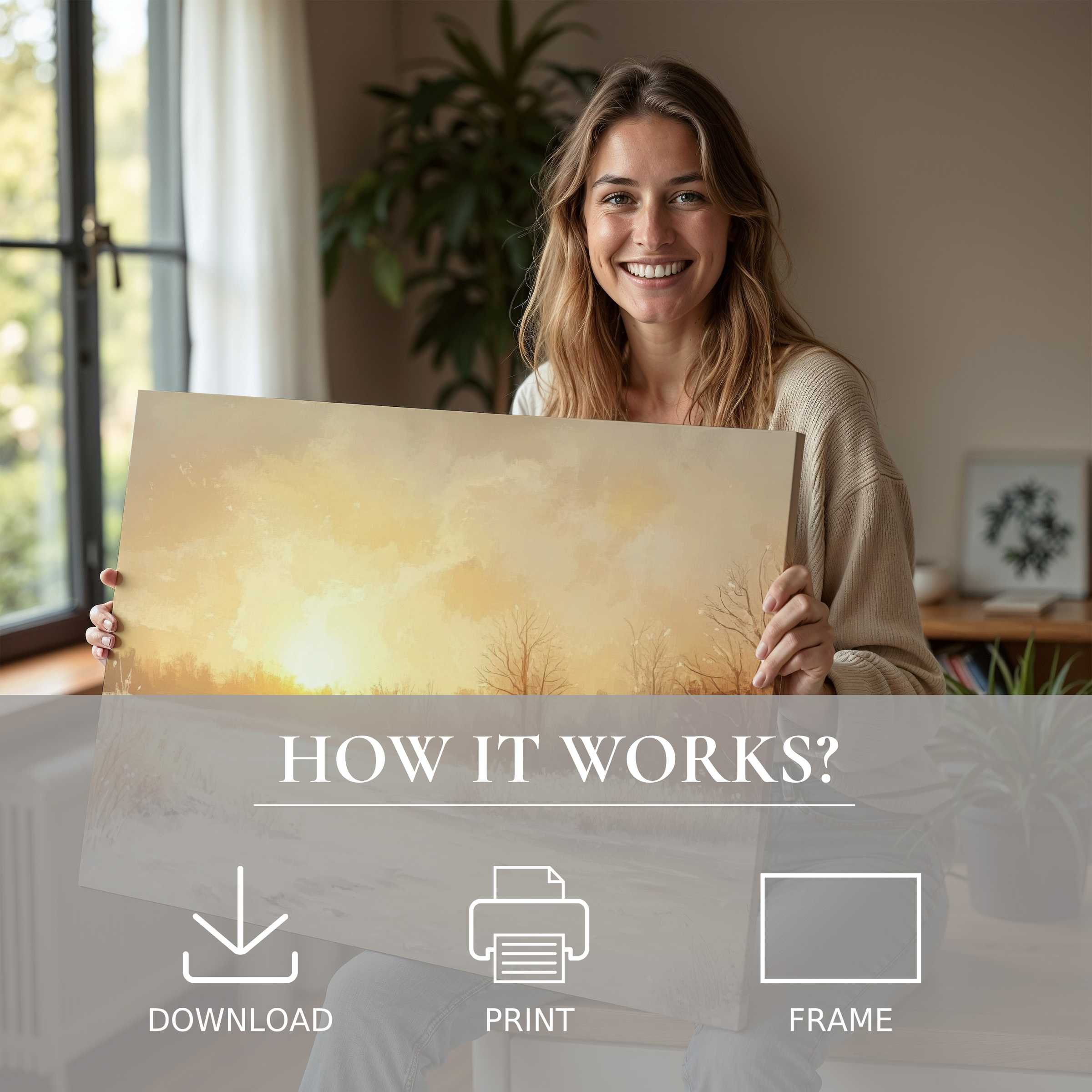 Joyful woman in a modern home embraced by a warm-toned winter digital art print, celebrating effortless art living