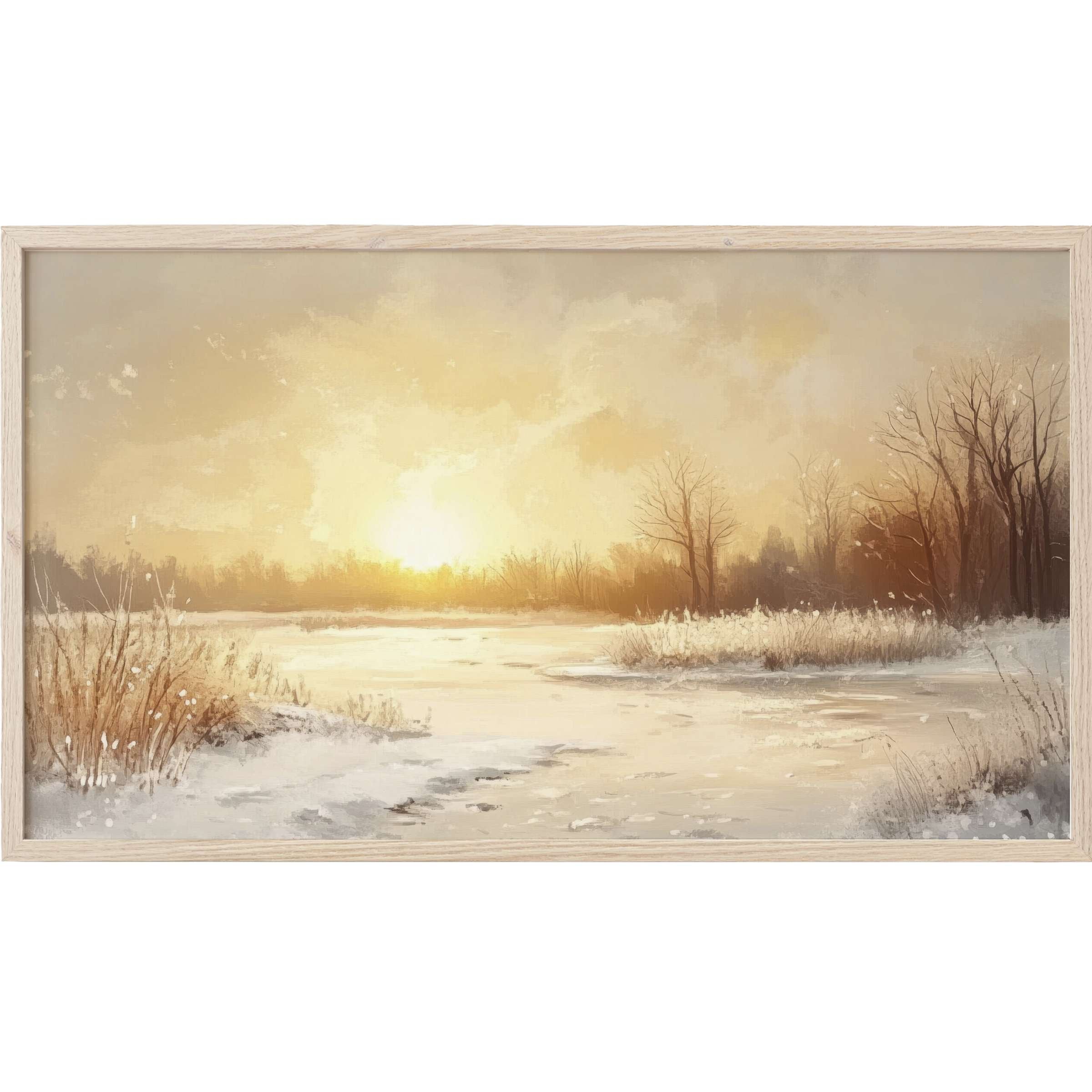Winter Frame TV Art: serene snowy landscape with soft golden light and muted earthy tones in a modern style