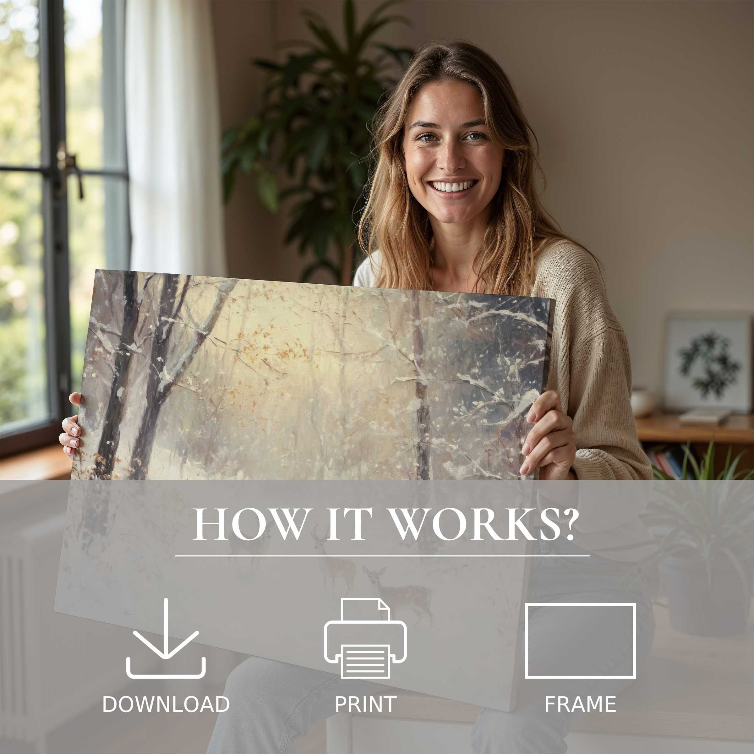 Woman in a serene, stylish home radiates joy, showcasing a Christmas digital art print that transforms space with warmth