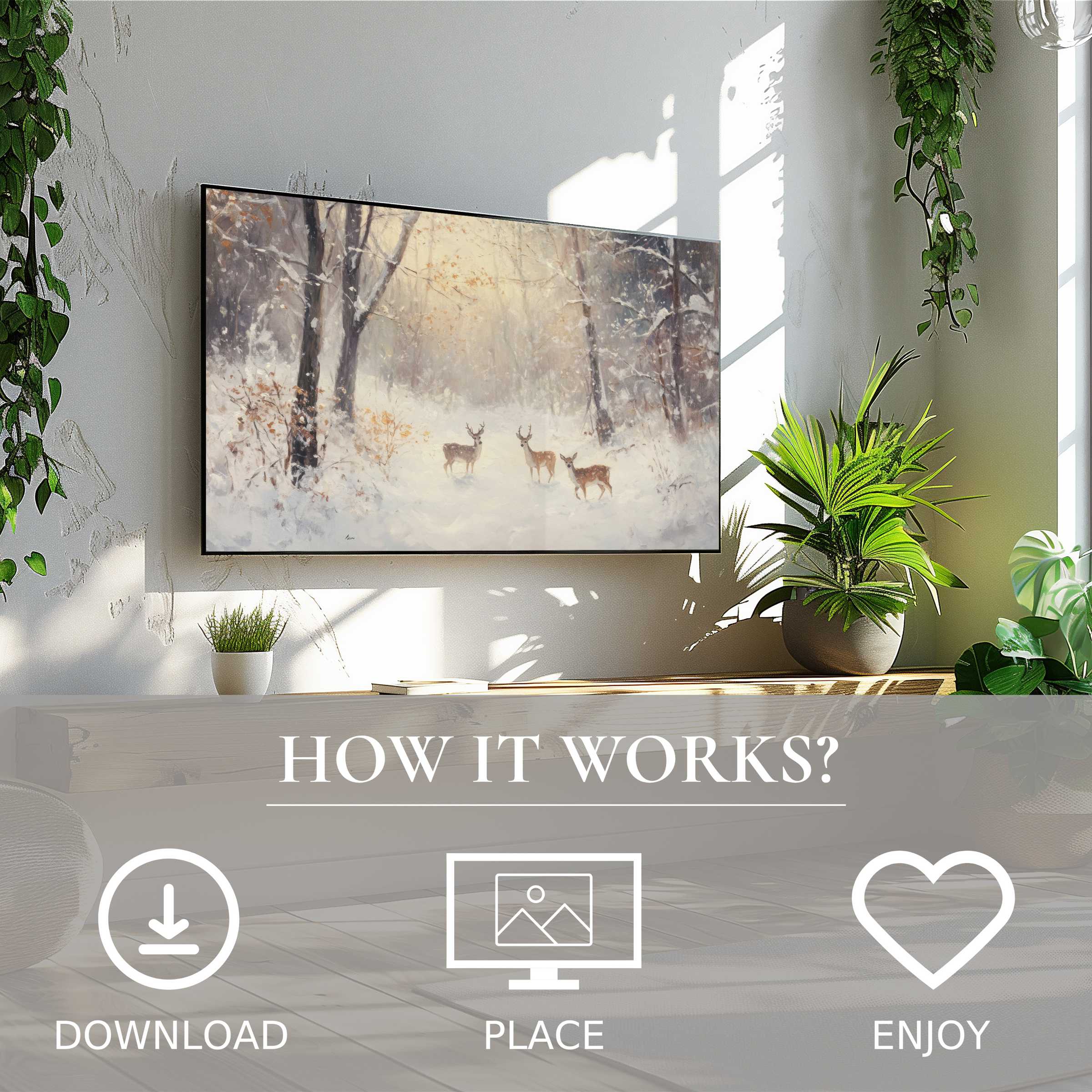 Christmas art for Samsung TV displays serene winter forest with deer in soft snow tones, easy digital download enriches space