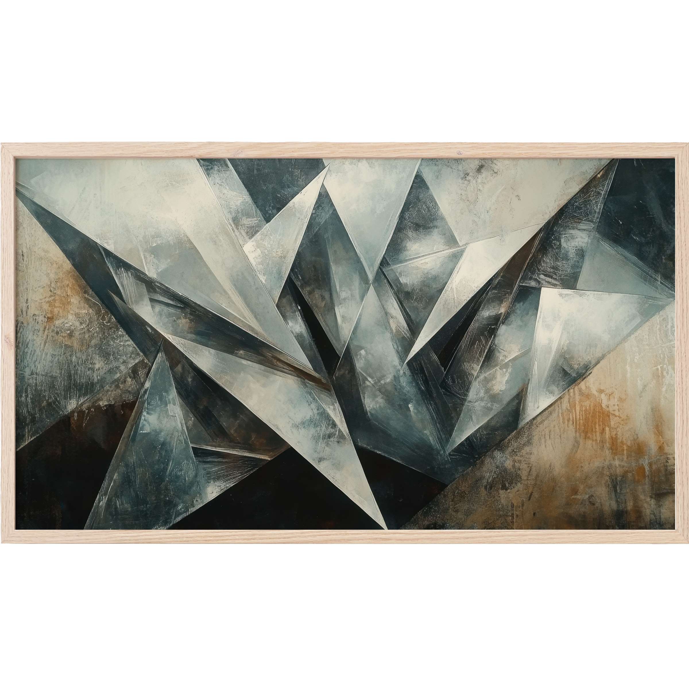 Abstract Frame TV Art with sharp geometric shapes in muted blues, grays, and warm earth tones, a modern statement piece