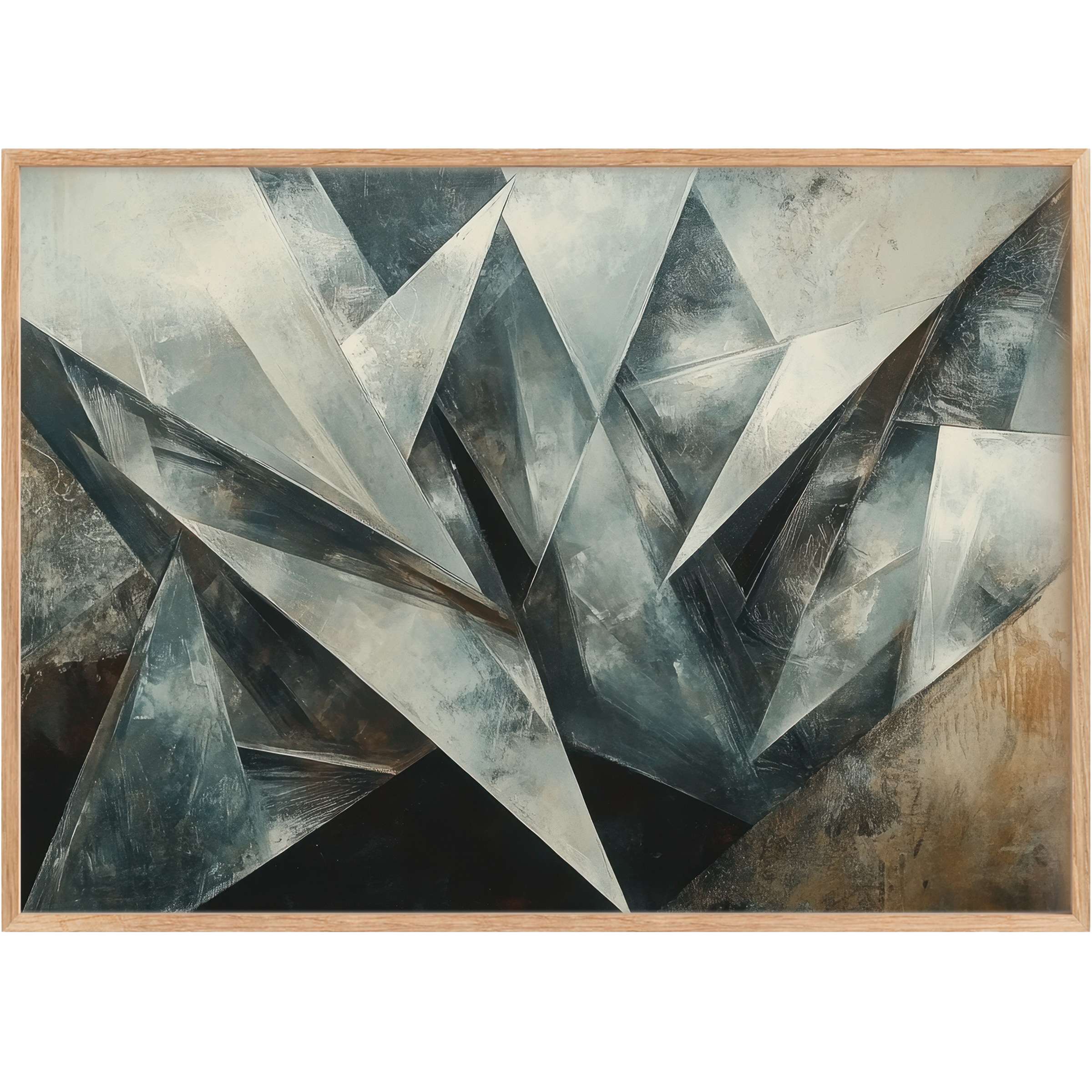 Sharp geometric forms in deep blues and muted grays create a bold, sophisticated mood with this abstract printable wall art