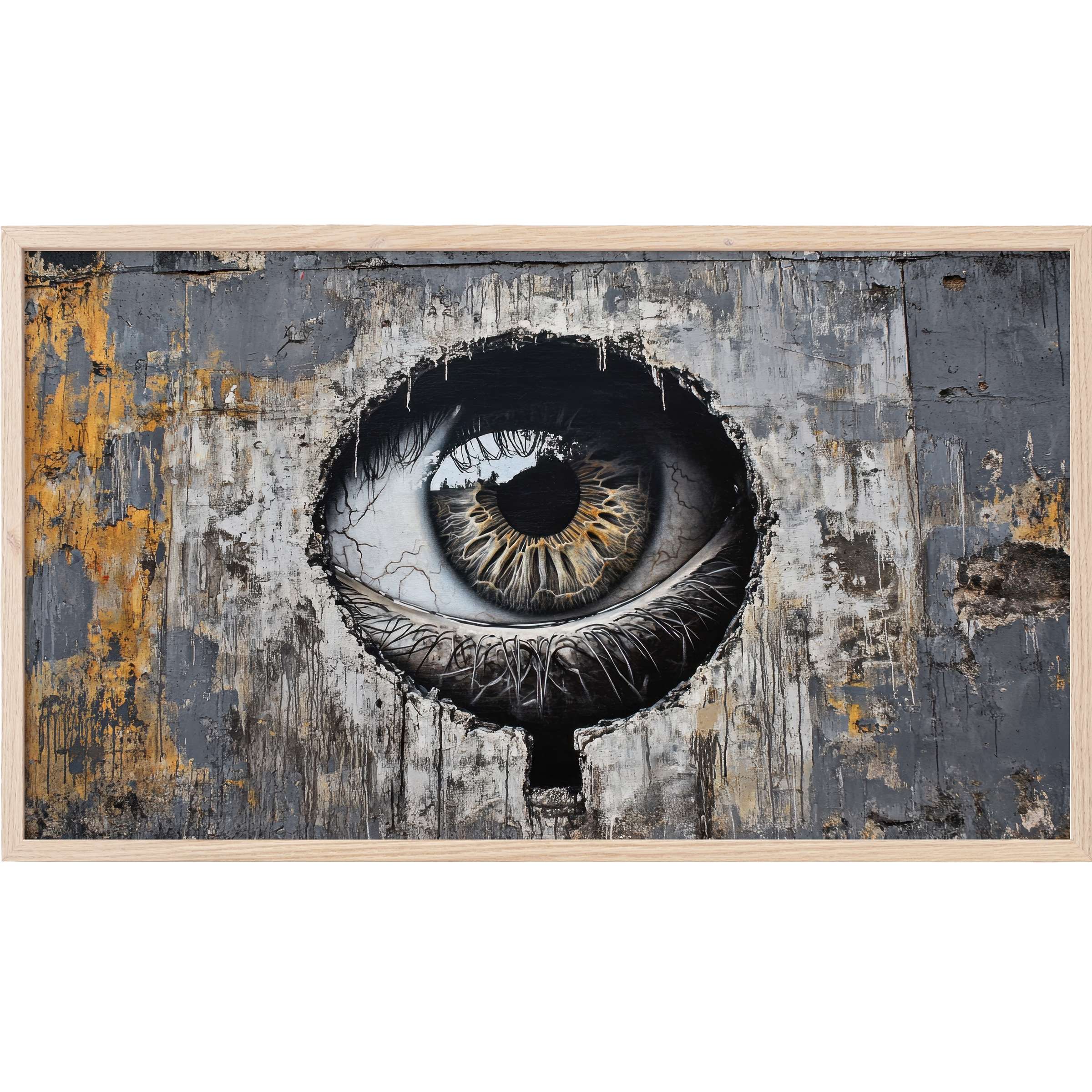 Street art Frame TV Art featuring a detailed eye amid textured gray and ochre distressed layers