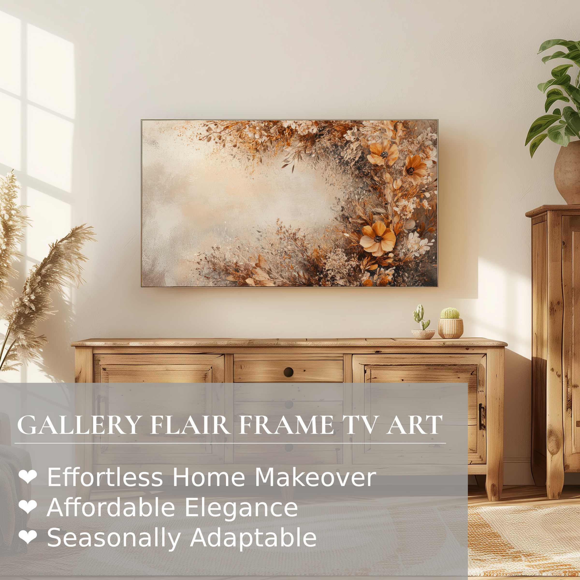 Samsung Frame TV showcasing warm, earthy boho digital artwork in a sunlit modern rustic living room