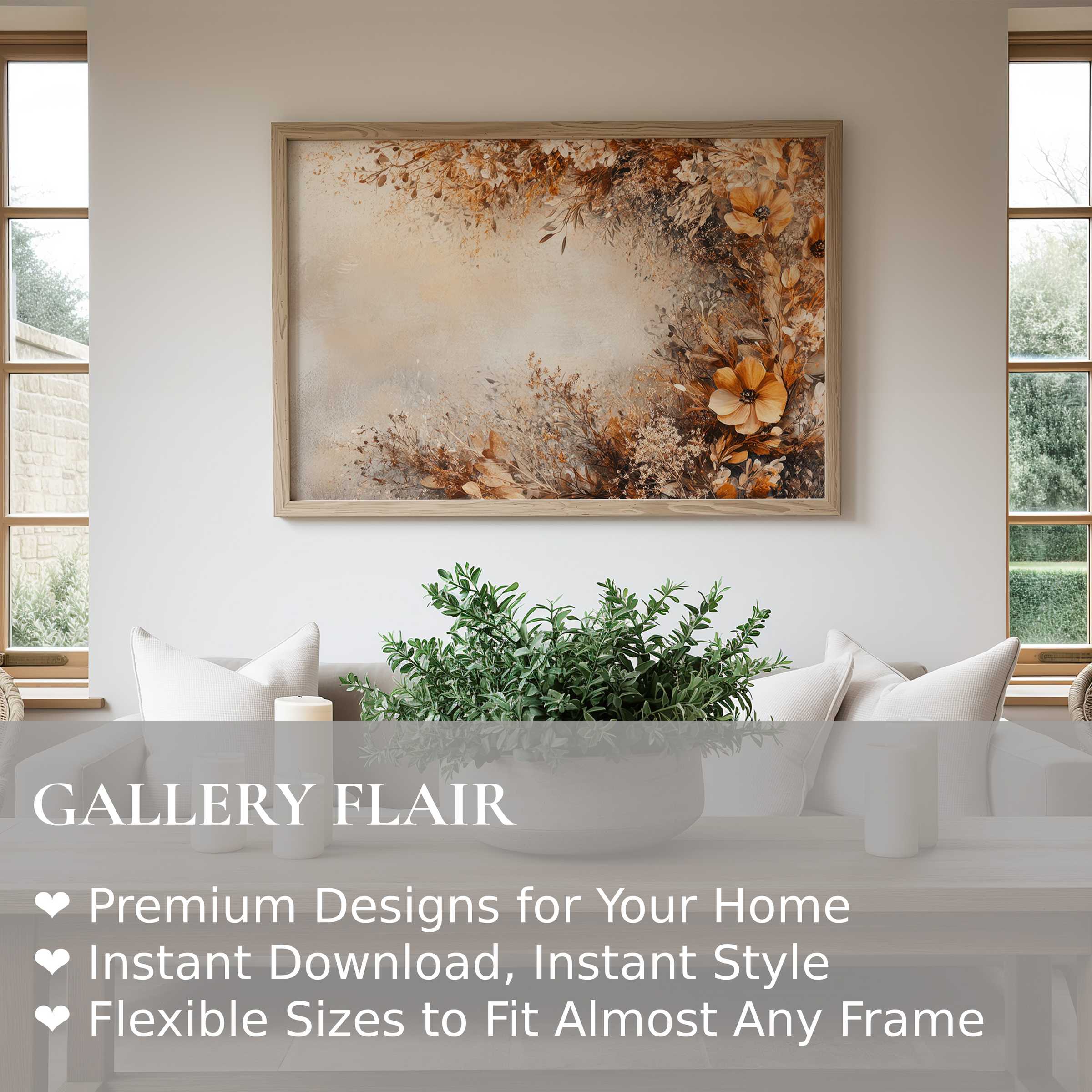 Boho wall art print with warm earthy florals radiates calm elegance, enhancing modern minimalist interiors with natural charm