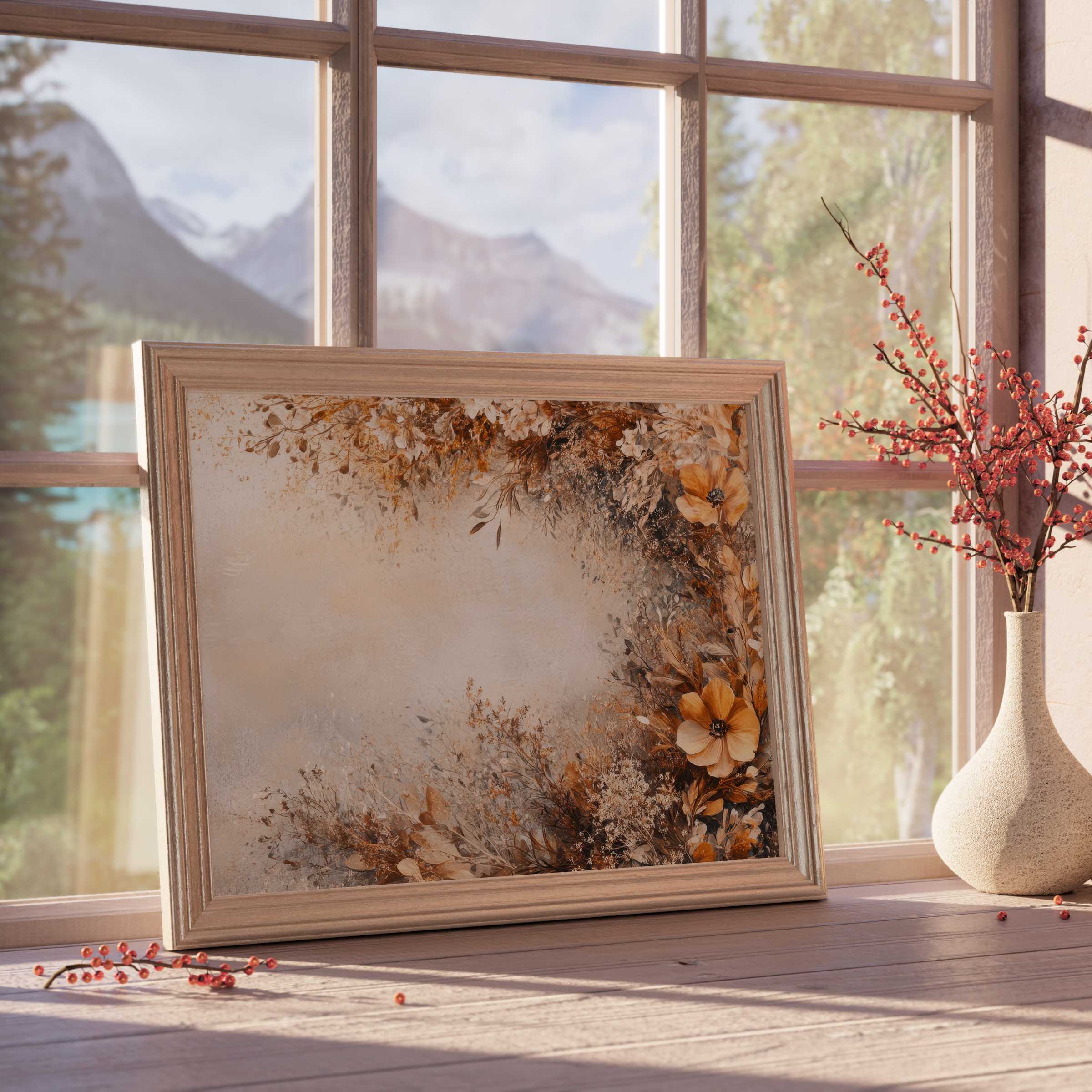 Boho downloadable art with warm amber florals, enhancing tranquil, curated interiors with timeless earthy elegance and natural charm