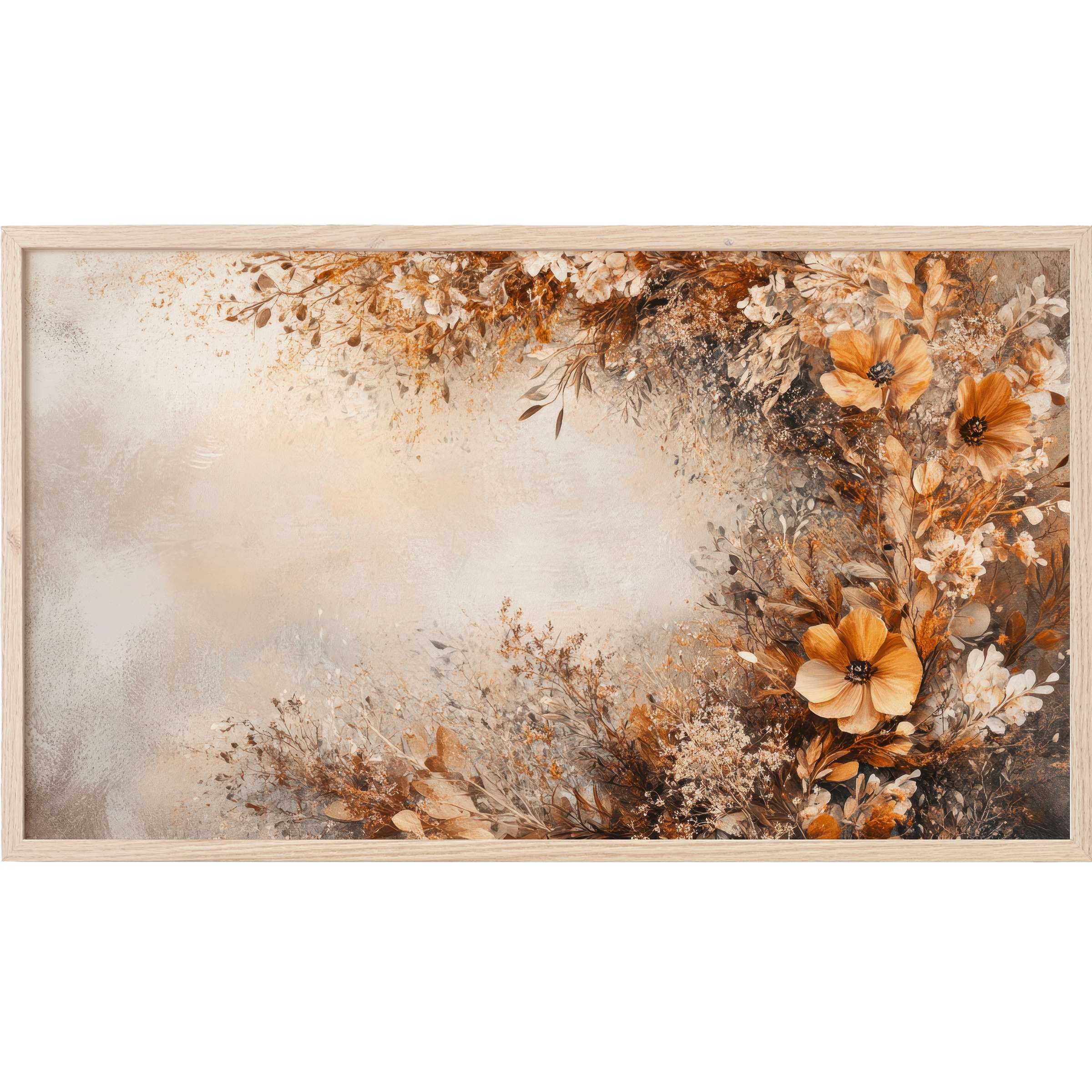 Elegant floral wreath in warm amber and beige tones, soft textures, boho Frame TV Art for chic interiors
