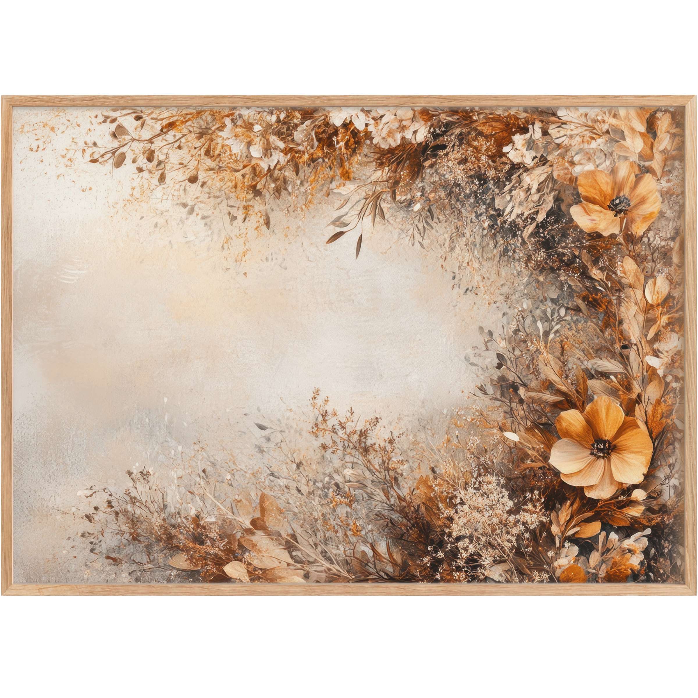 Rustic boho printable wall art with warm amber and muted taupe florals, evoking a serene, earthy, and inviting ambiance