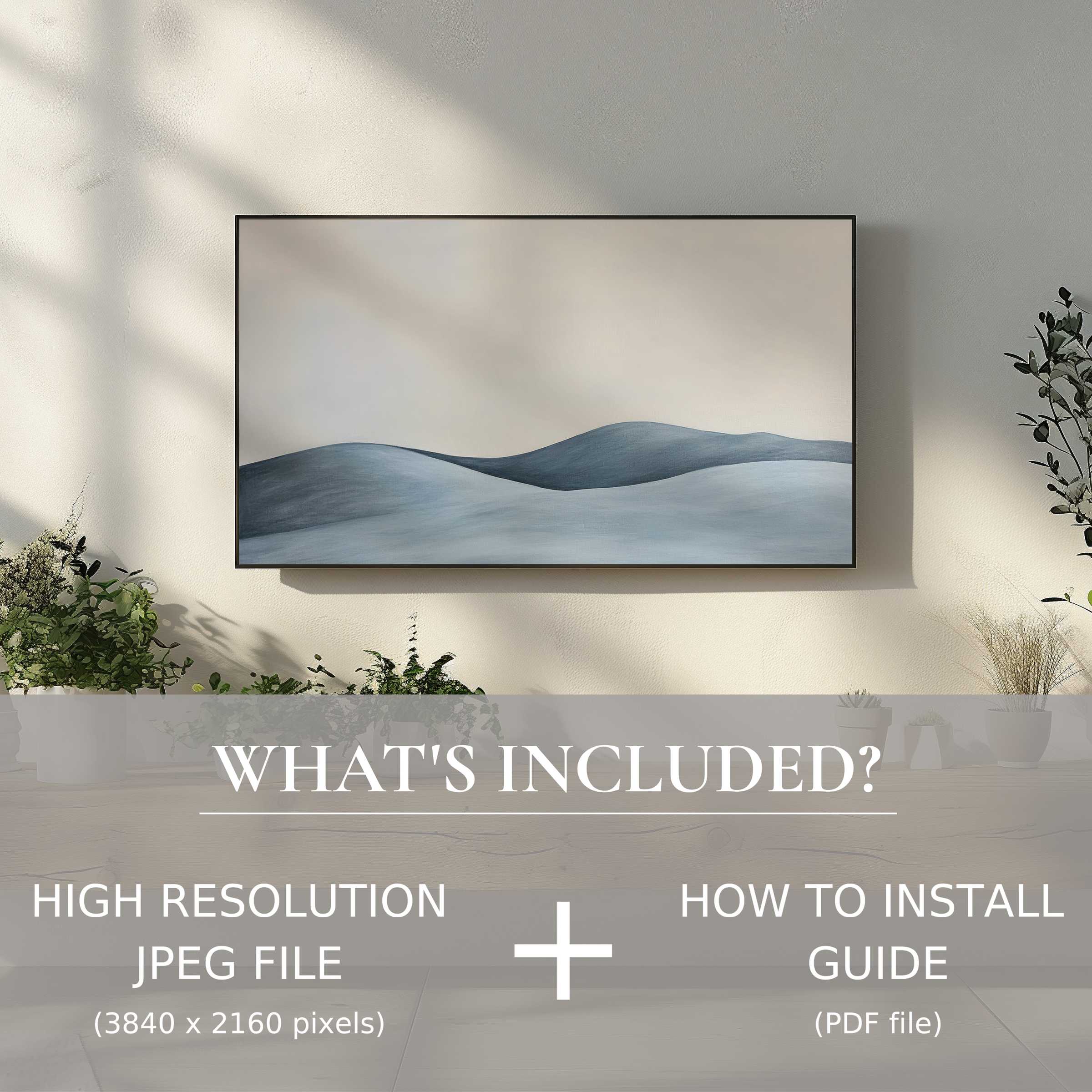Elegant living room with minimalist digital TV art download, easy to use, enhancing sophistication and calm ambiance